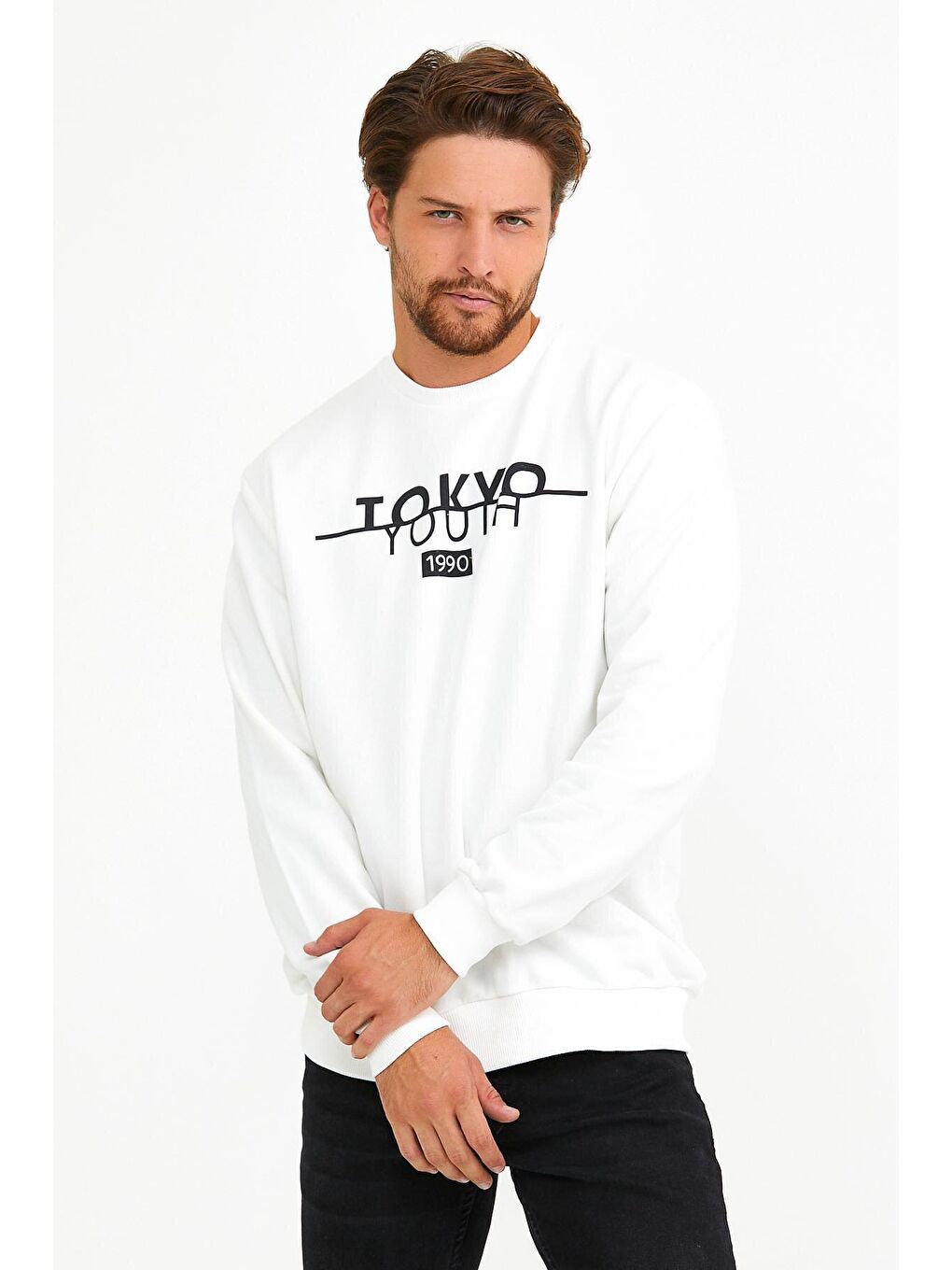 Ekru Erkek Bisiklet Yaka Regular Fit Tokyo Baskılı İnce Sweatshirt spr22sw134-4