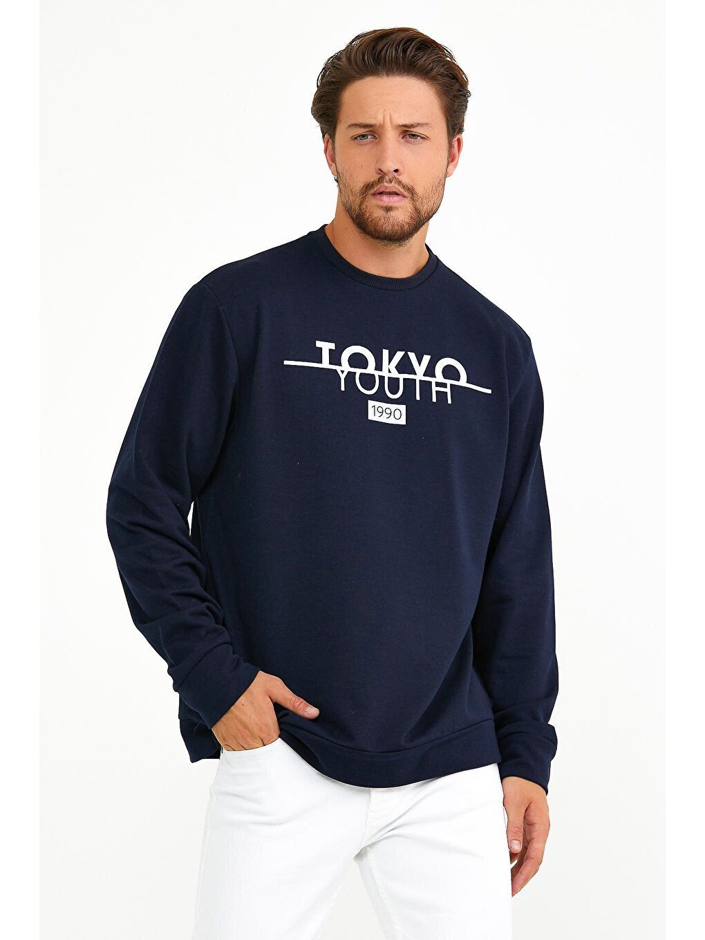 Lacivert Erkek Bisiklet Yaka Regular Fit Tokyo Baskılı İnce Sweatshirt spr22sw134-1
