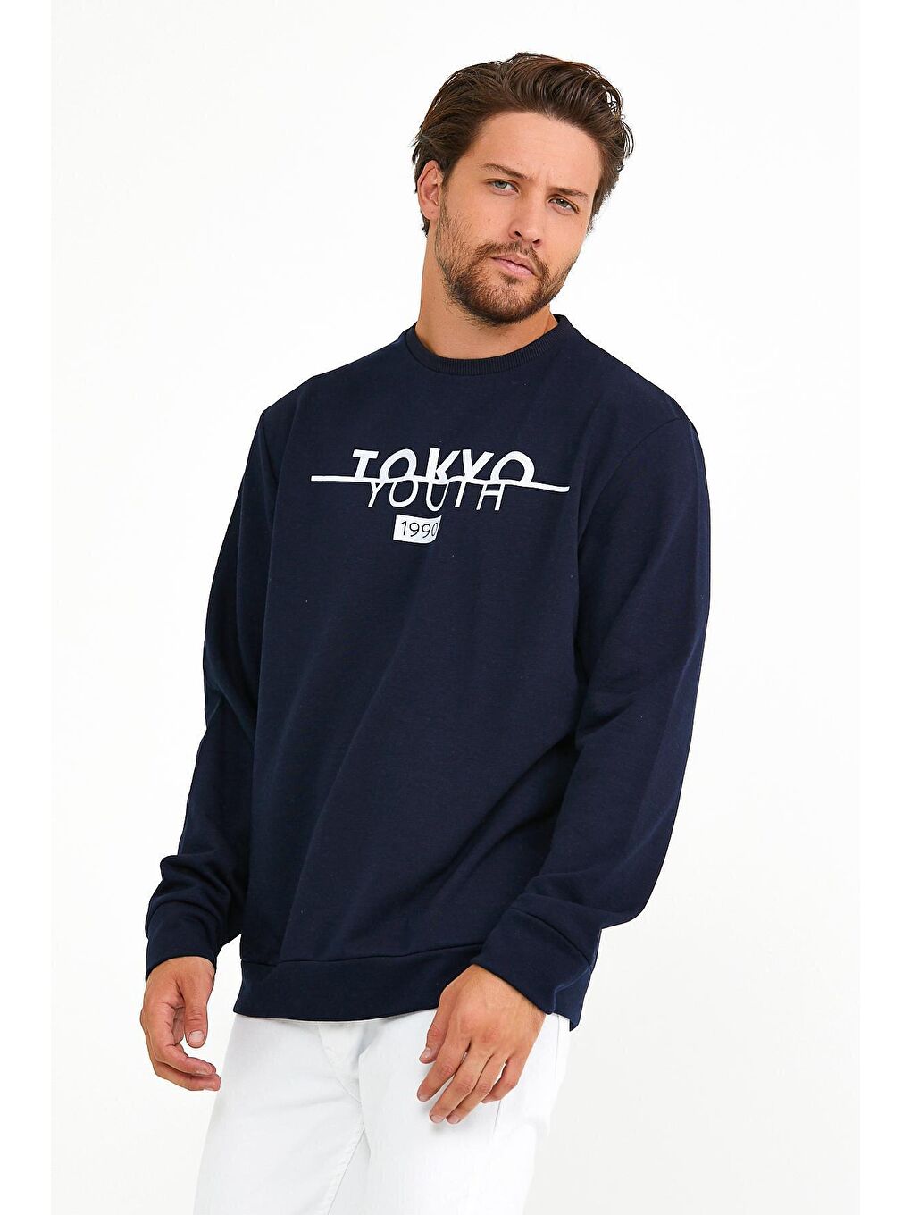 Lacivert Erkek Bisiklet Yaka Regular Fit Tokyo Baskılı İnce Sweatshirt spr22sw134-2