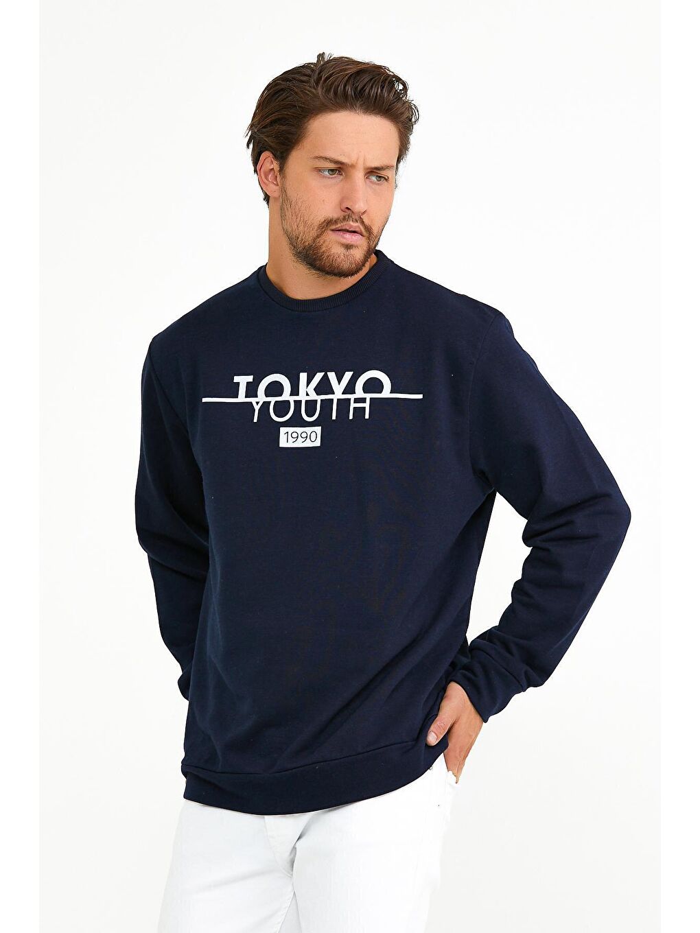 Lacivert Erkek Bisiklet Yaka Regular Fit Tokyo Baskılı İnce Sweatshirt spr22sw134-3