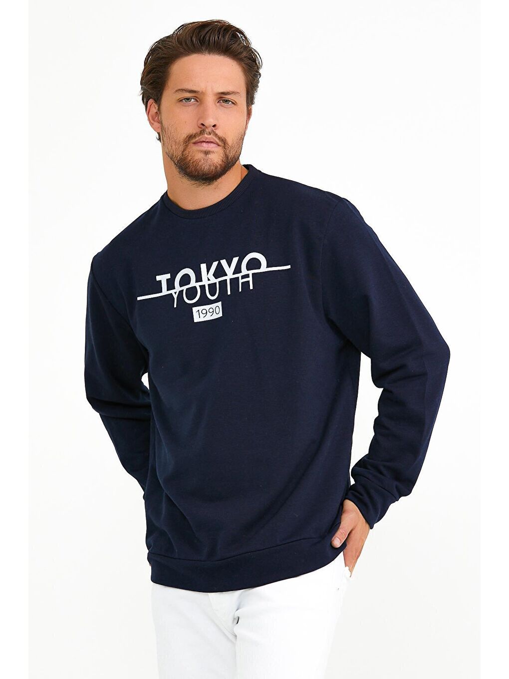 Lacivert Erkek Bisiklet Yaka Regular Fit Tokyo Baskılı İnce Sweatshirt spr22sw134-4