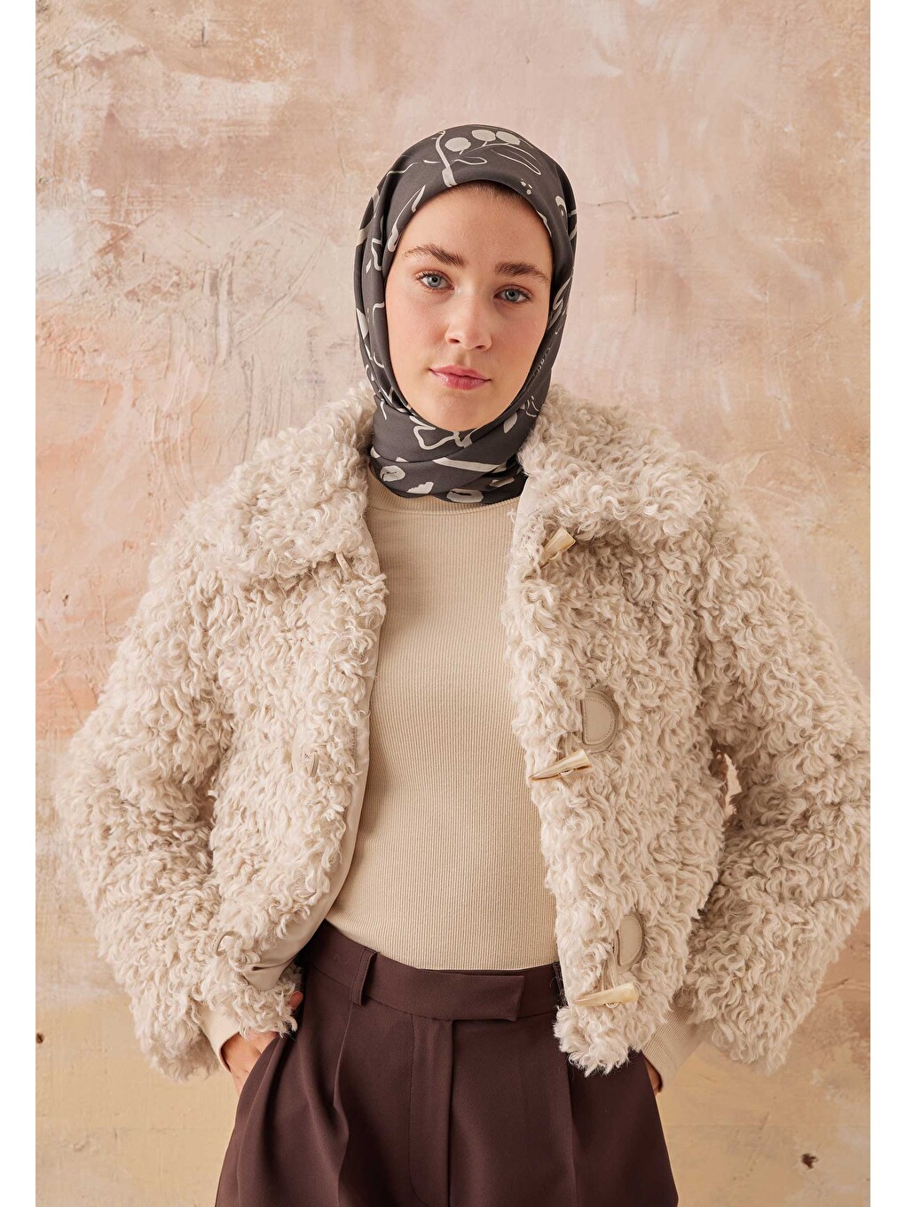 Kahverengi Luna Desen Pamuk İpek Eşarp Acı Kahve-3