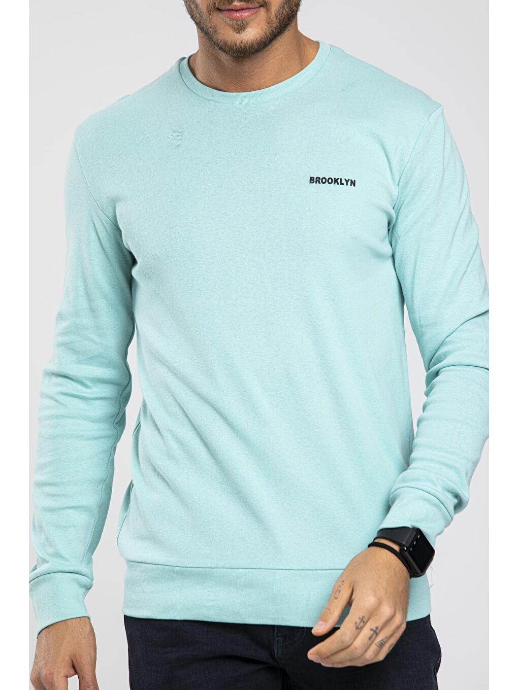 Turkuaz Bisiklet Yaka Uzun Kollu Dar Kalıp İnce Erkek Sweatshirt SPR2019K18-1
