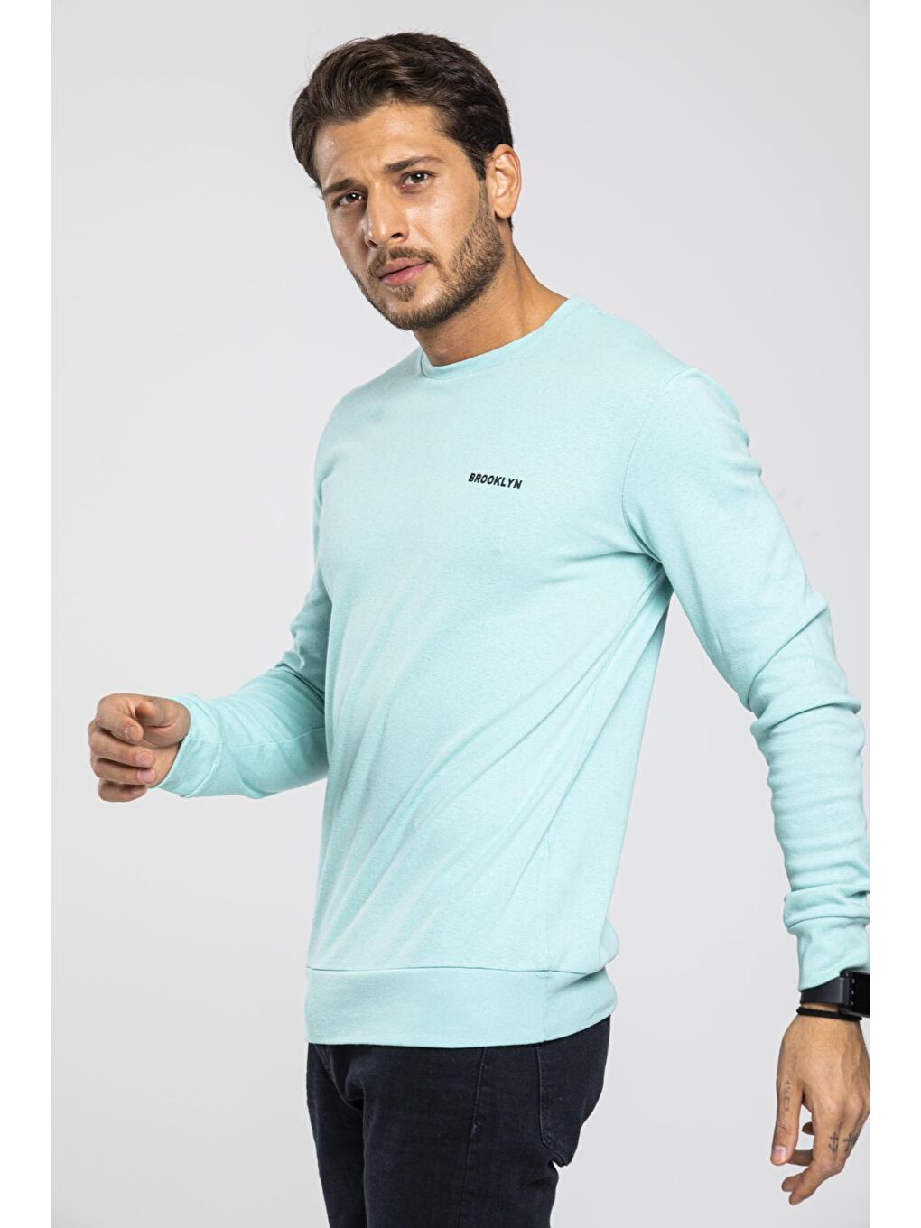 Turkuaz Bisiklet Yaka Uzun Kollu Dar Kalıp İnce Erkek Sweatshirt SPR2019K18-3