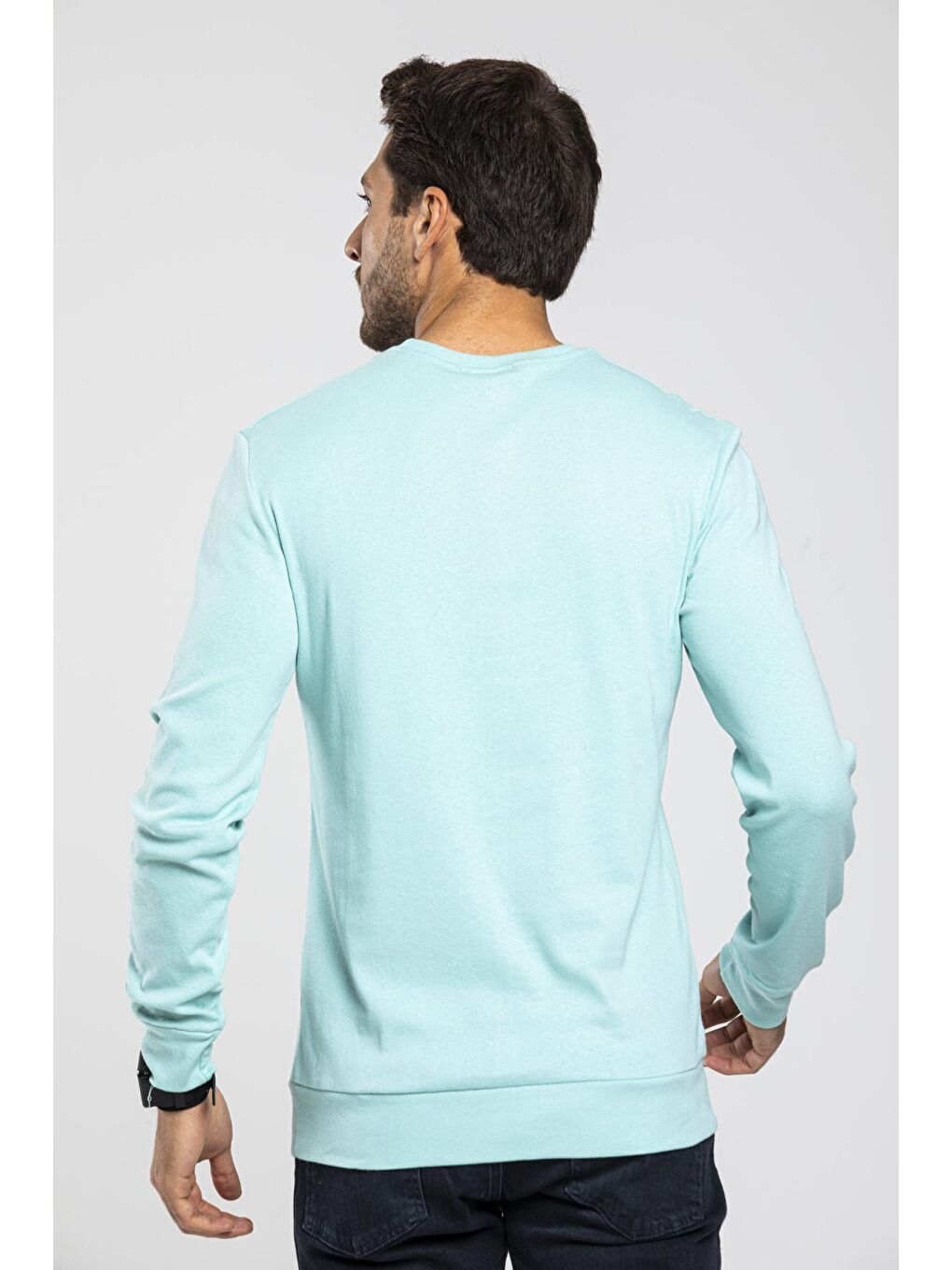 Turkuaz Bisiklet Yaka Uzun Kollu Dar Kalıp İnce Erkek Sweatshirt SPR2019K18-4