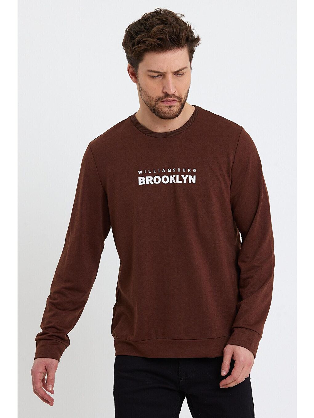 Kahverengi Erkek Bisiklet Yaka Regular Fit Brooklyn Baskılı İnce Sweatshirt SPR23SW330