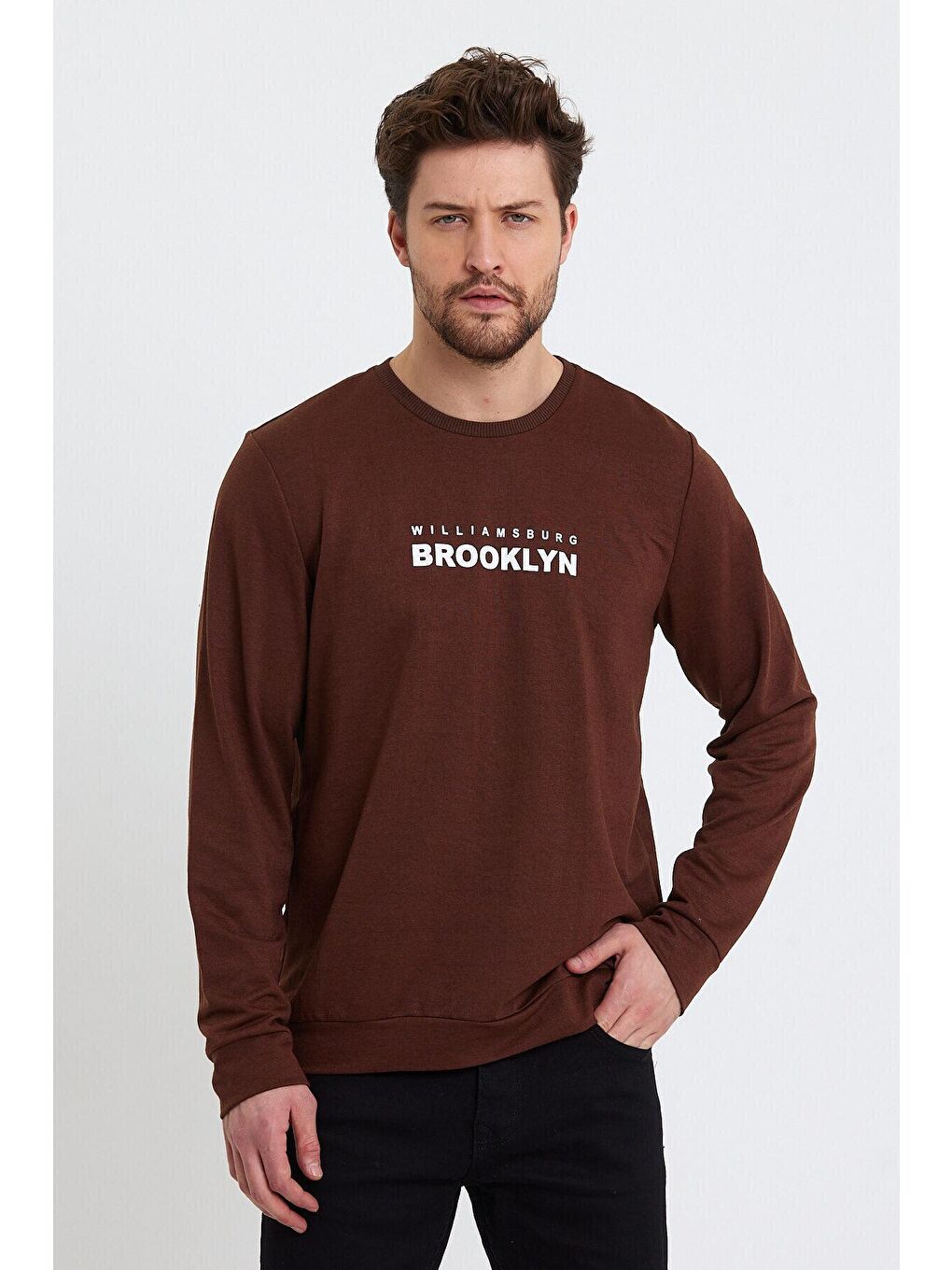 Kahverengi Erkek Bisiklet Yaka Regular Fit Brooklyn Baskılı İnce Sweatshirt SPR23SW330-1