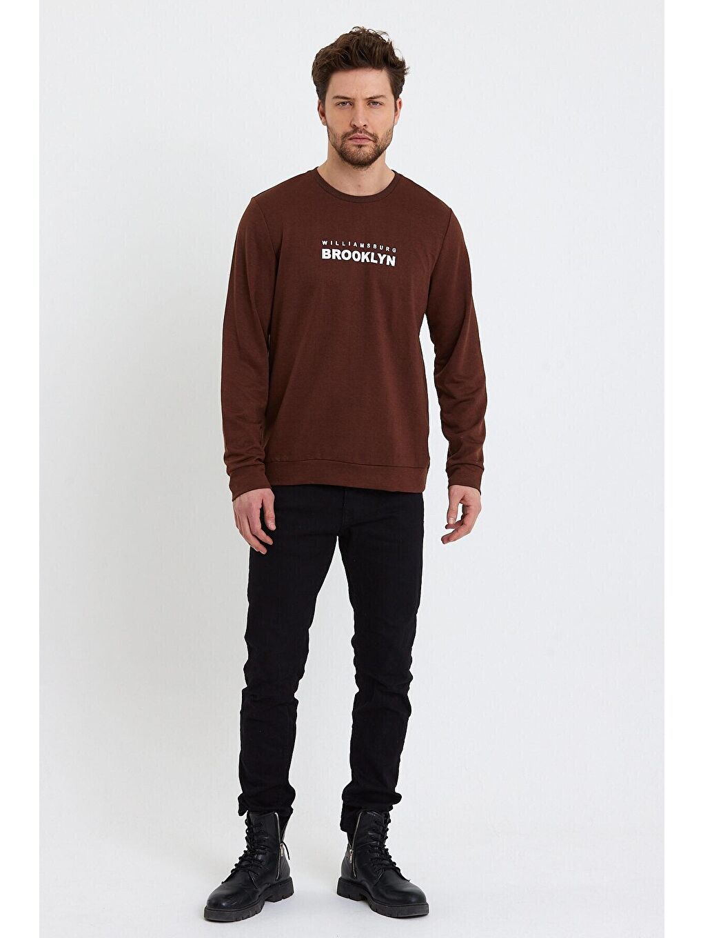 Kahverengi Erkek Bisiklet Yaka Regular Fit Brooklyn Baskılı İnce Sweatshirt SPR23SW330-2