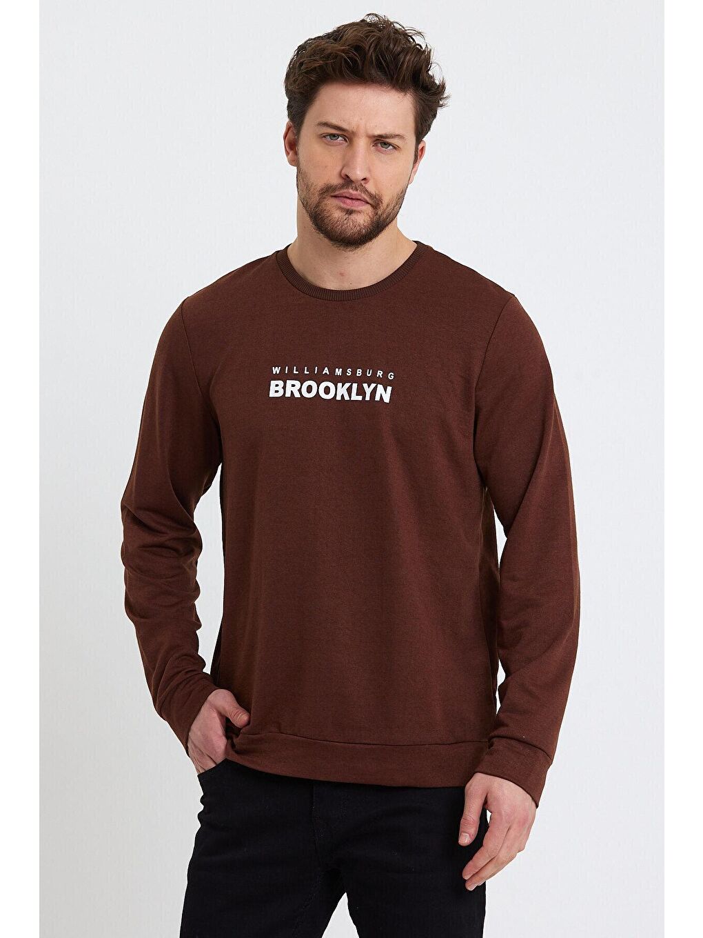 Kahverengi Erkek Bisiklet Yaka Regular Fit Brooklyn Baskılı İnce Sweatshirt SPR23SW330-3