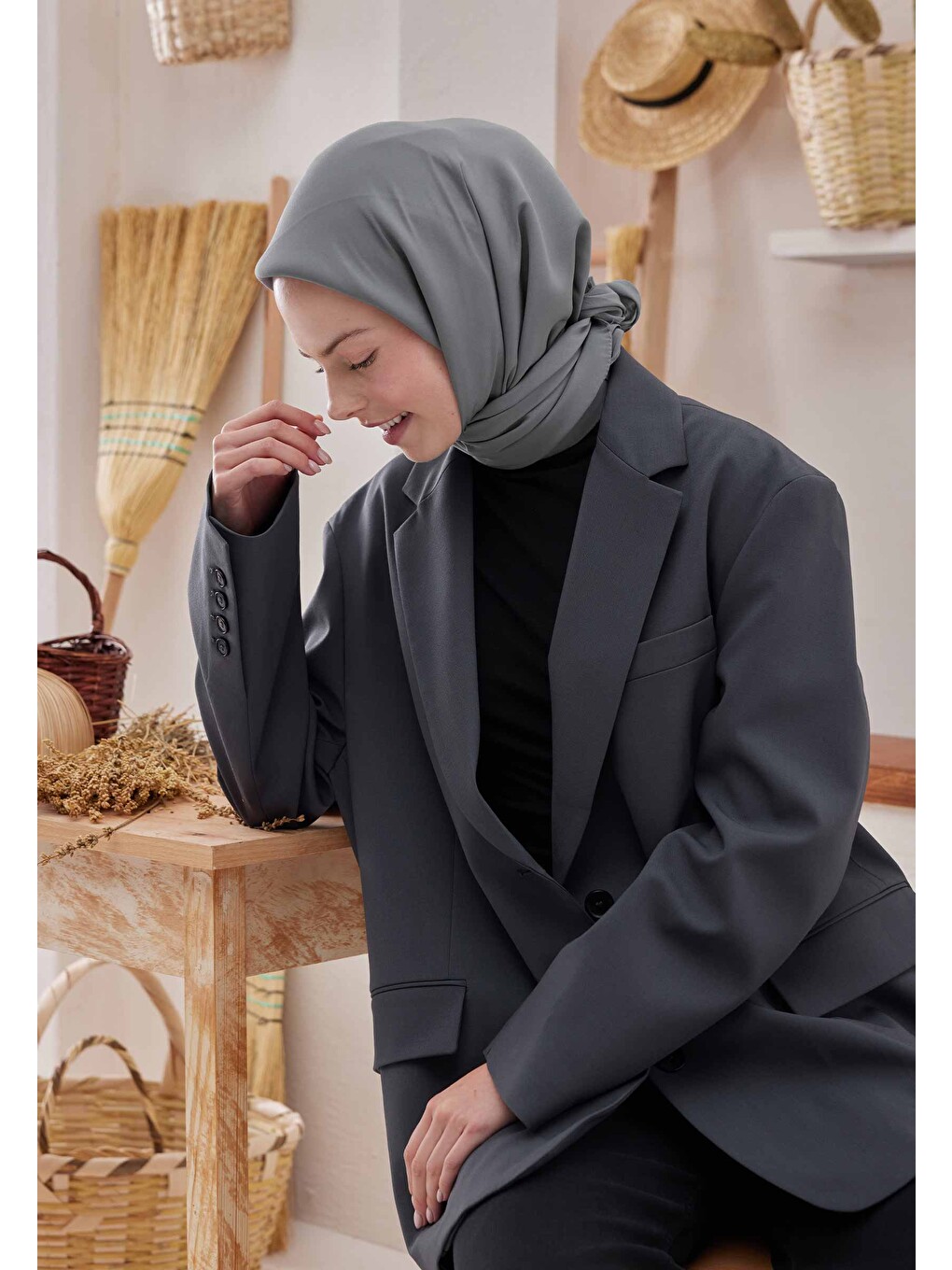 Pamuk İpek Eşarp Metalik Gri-3