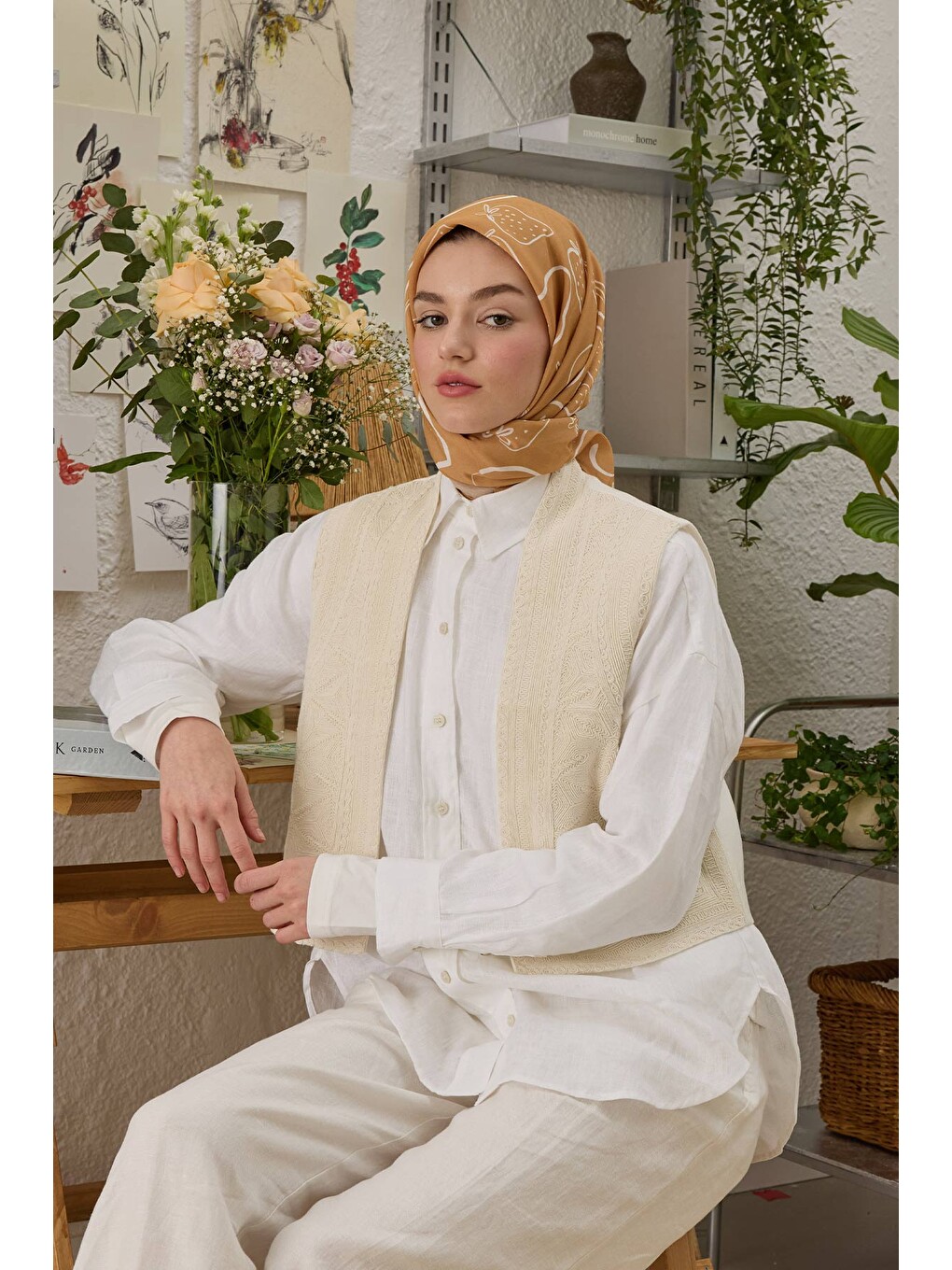 Pembe Eloıse Desen Pamuk İpek Eşarp Şeftalı