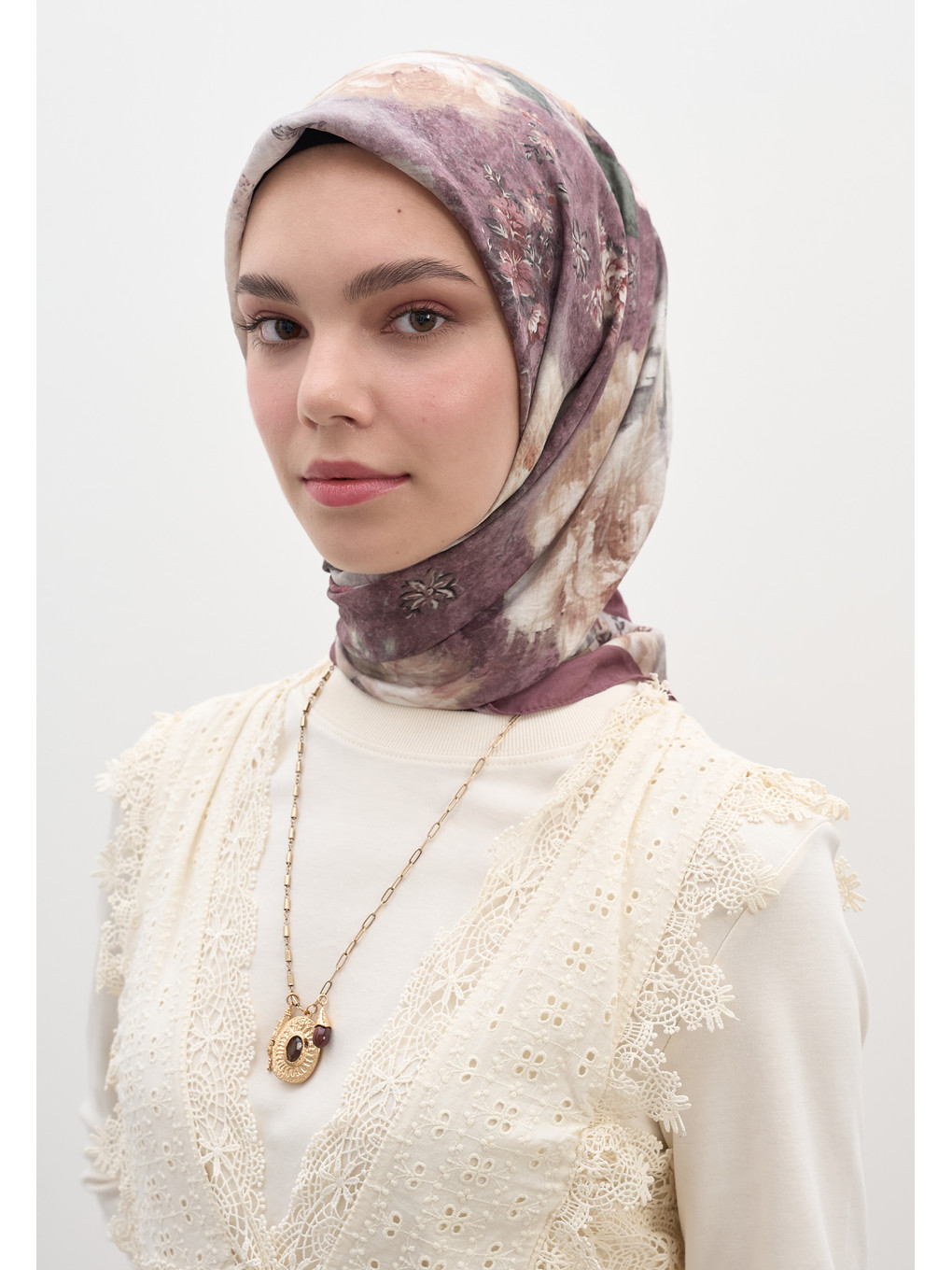 Pembe Vıntage Rose Desen Pamuklu Viskon Eşarp Gülkurusu-2