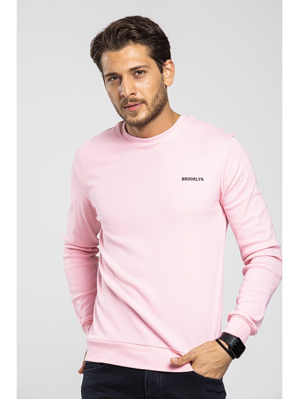 Süperlife Pembe Bisiklet Yaka Uzun Kollu Dar Kalıp İnce Erkek Sweatshirt SPR2019K18