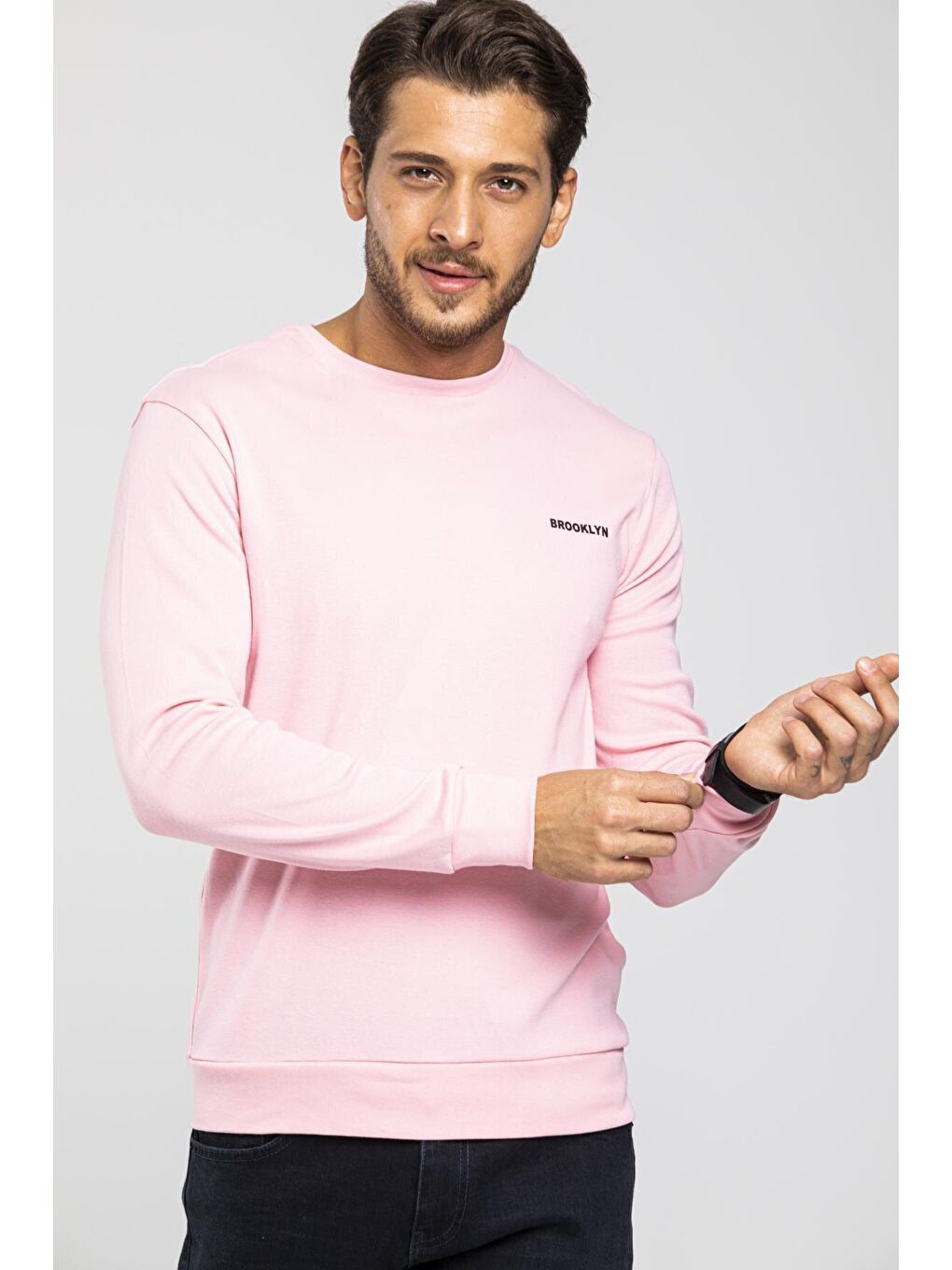 Süperlife Pembe Bisiklet Yaka Uzun Kollu Dar Kalıp İnce Erkek Sweatshirt SPR2019K18 - 3