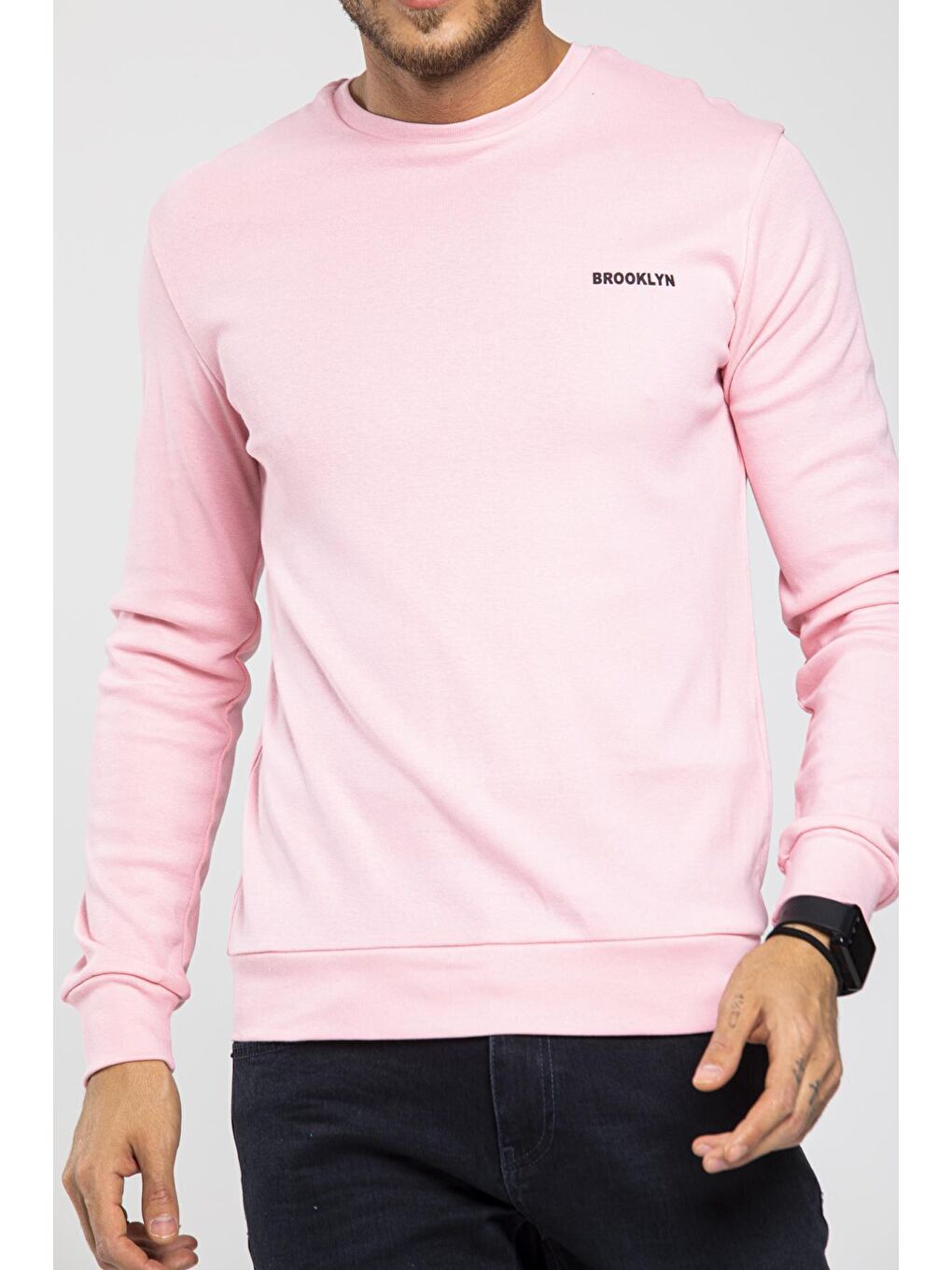 Süperlife Pembe Bisiklet Yaka Uzun Kollu Dar Kalıp İnce Erkek Sweatshirt SPR2019K18 - 4