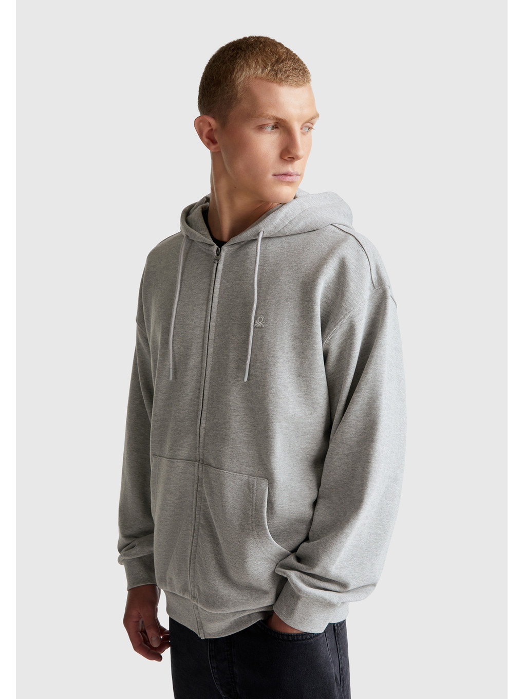 Gri Melanj 100 Pamuk Dar Kesim Kapüşonlu %100 Pamuk Erkek Fermuarlı Sweatshirt Hırka
