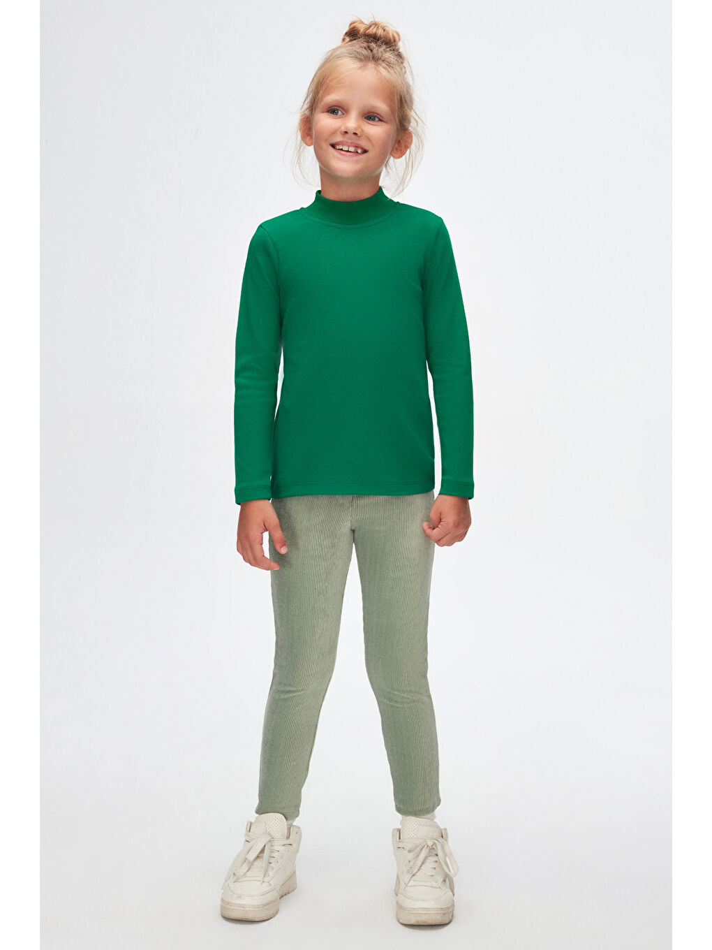 Yeşil Kız Çocuk Yarım Balıkçı Uzun Kol Tişört