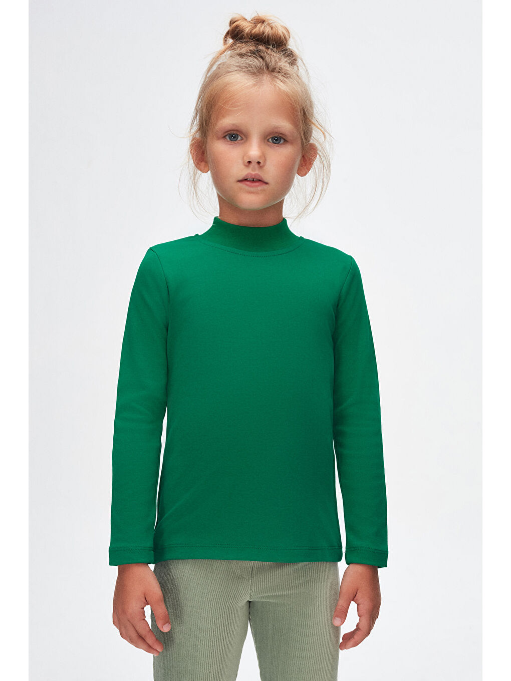 Yeşil Kız Çocuk Yarım Balıkçı Uzun Kol Tişört-1