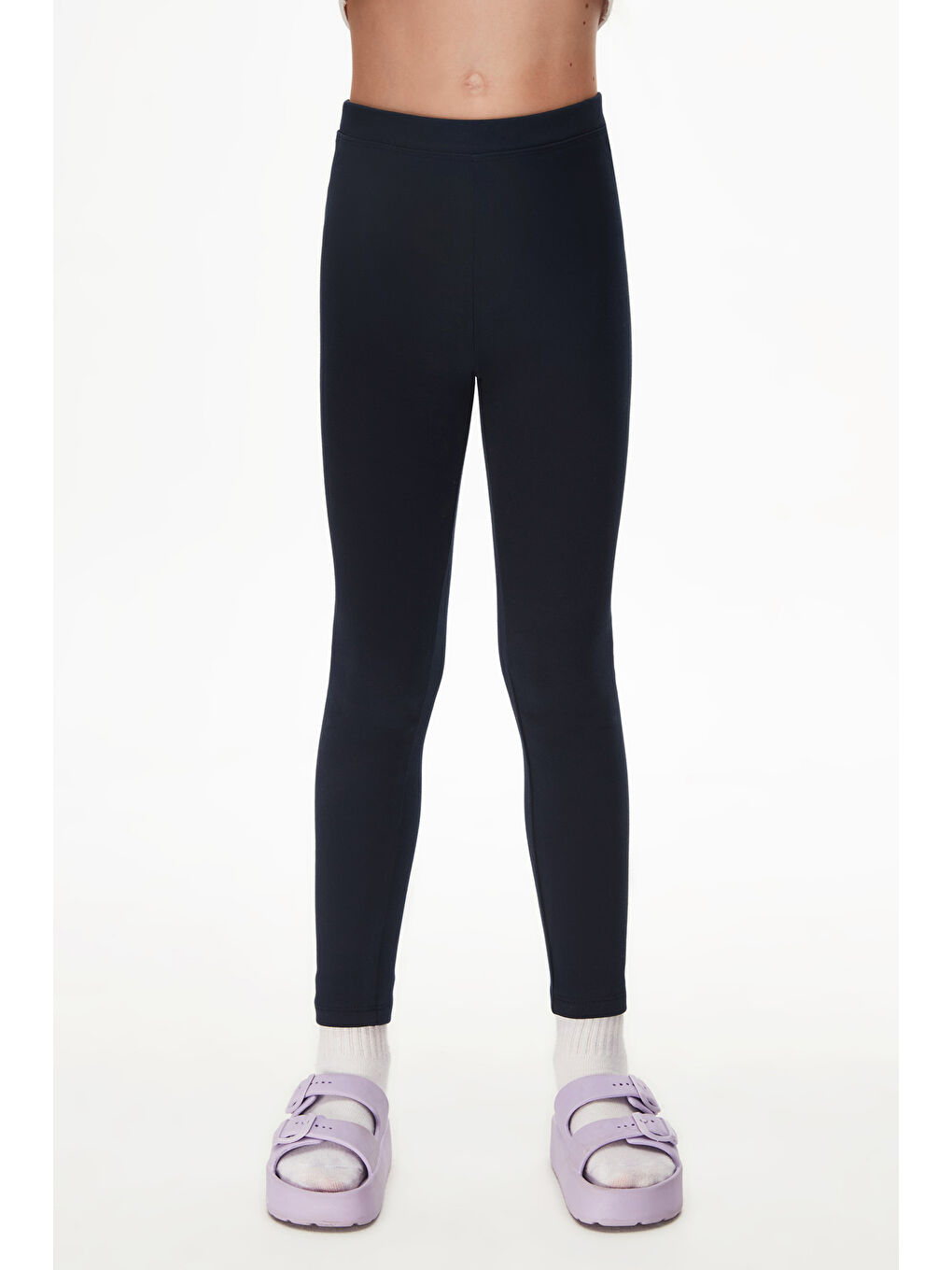 Koyu Lacivert Kız Çocuk Kışlık Tam Boy Düz Basıc Tayt-1