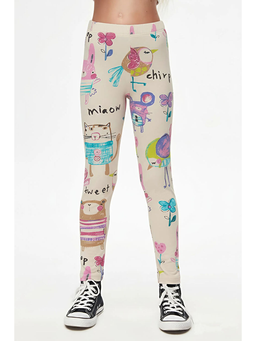 Bej Kız Çocuk Chirping Animals Desen Tayt-1