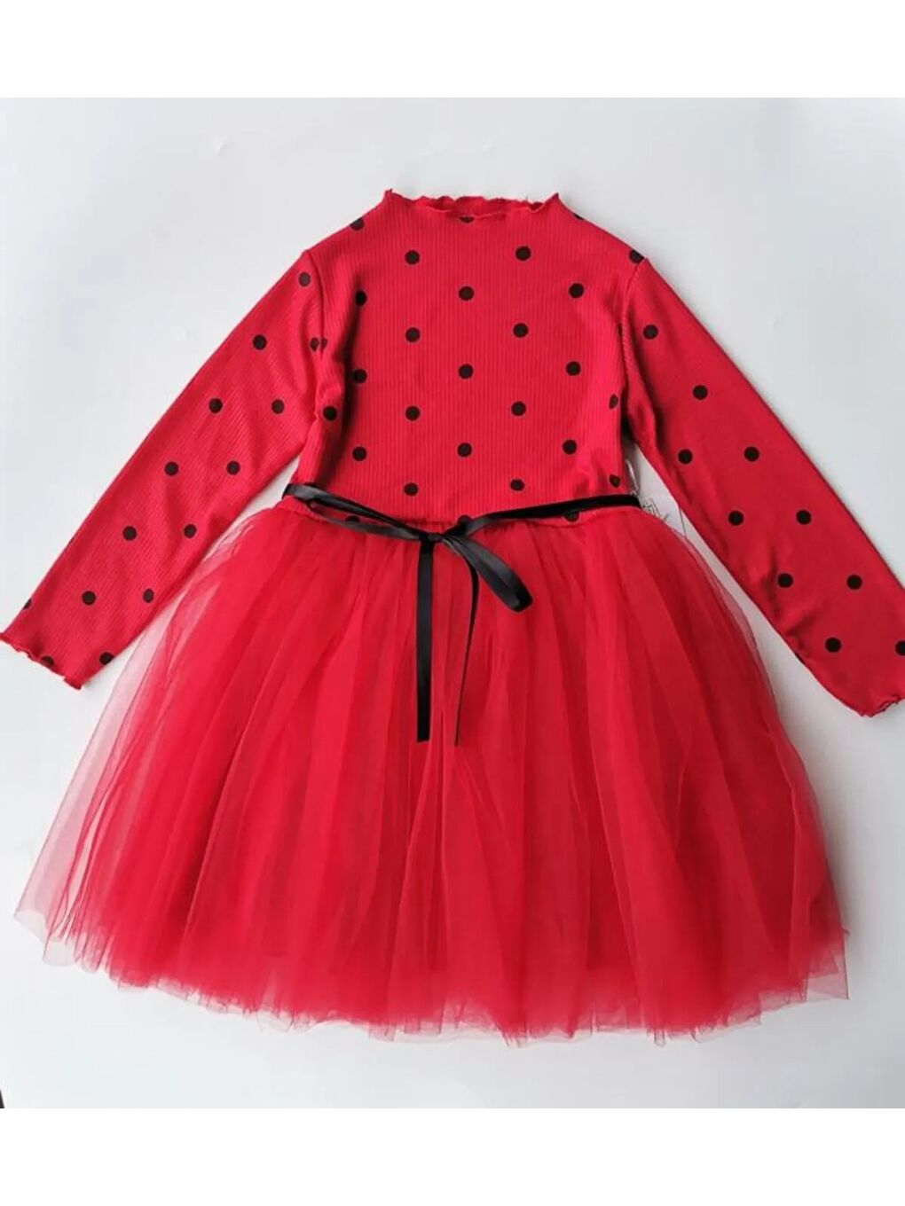 Kırmızı Kız Puantiyeli Tütülü Günlük Elbise MNK0416