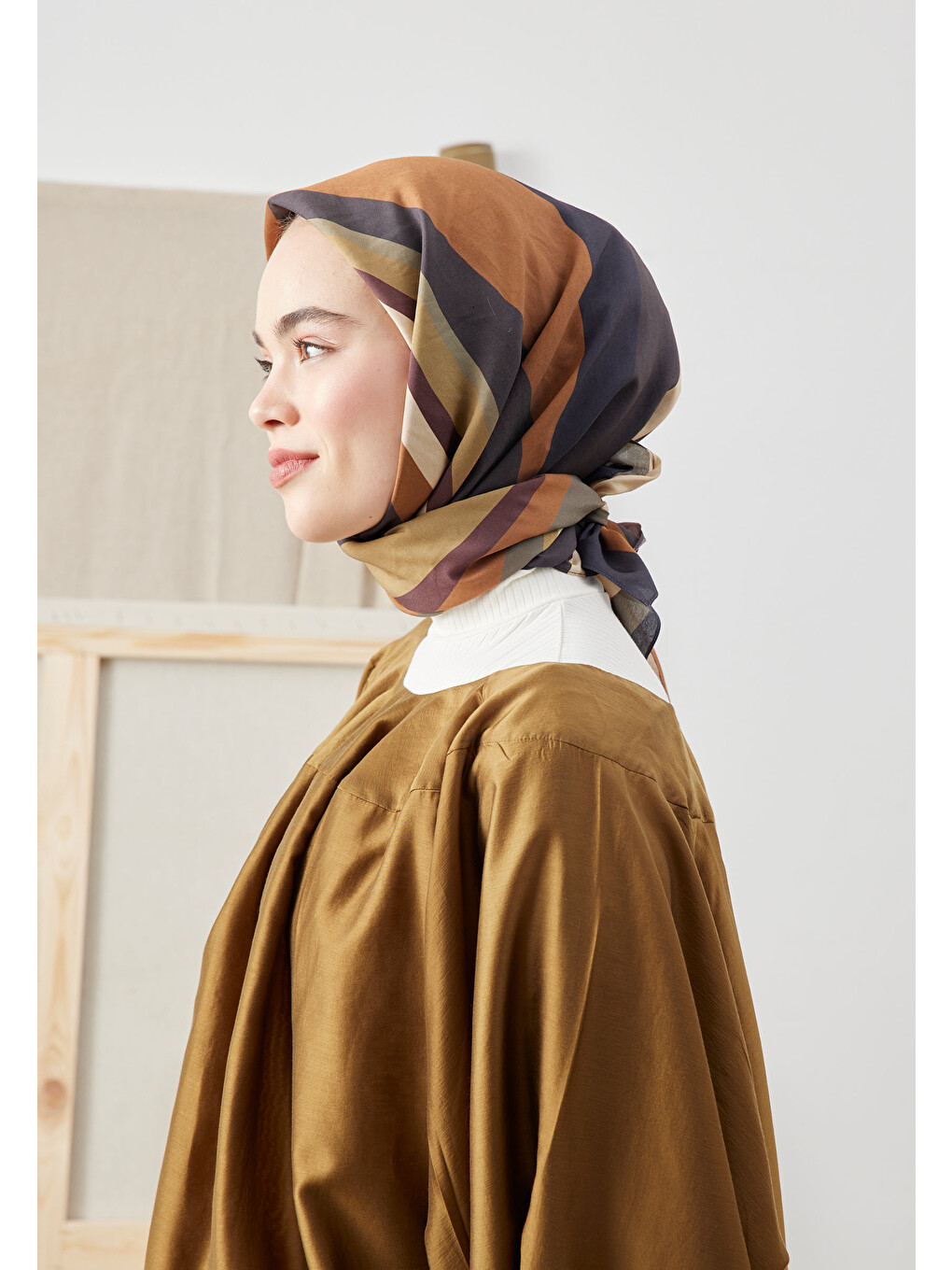 Kahverengi Color Mıx Desen Pamuk İpek Eşarp Kahve-3