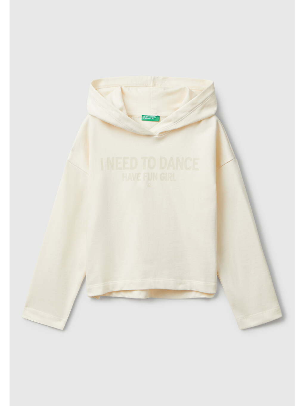 Kız Çocuk Ekru Önü Yazı Baskılı Arkası Uzun Kapüşonlu Sweatshirt