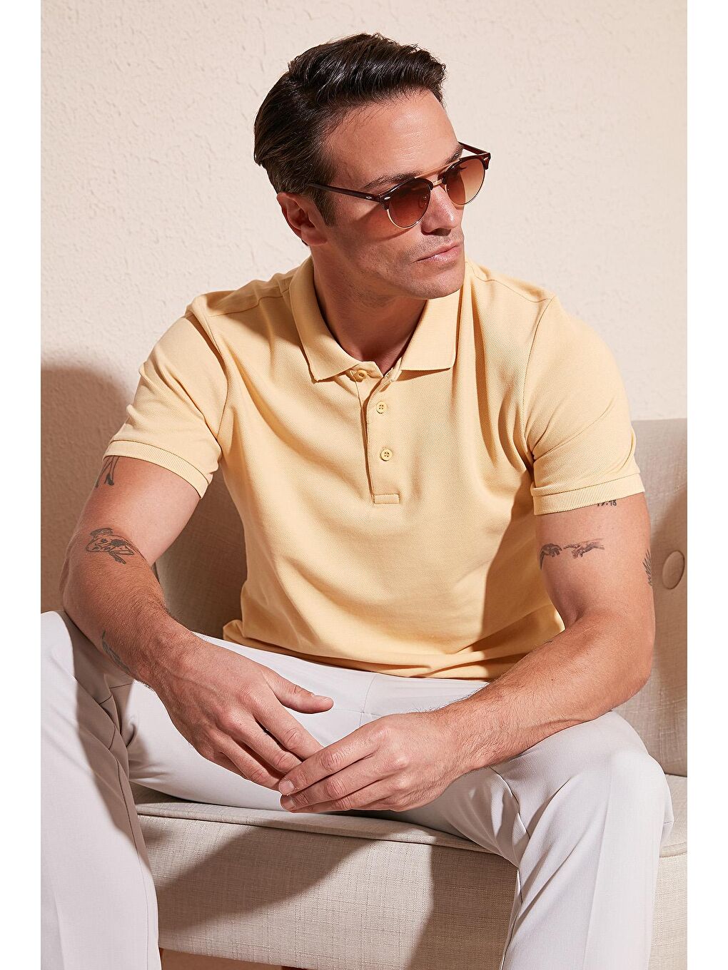Sarı %100 Pamuk Düğmeli Regular Fit Polo Tişört 5902127