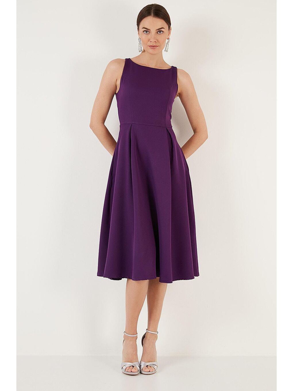 Mor Bisiklet Yaka Cepli Pileli Midi Kadın Elbise 6051963-1