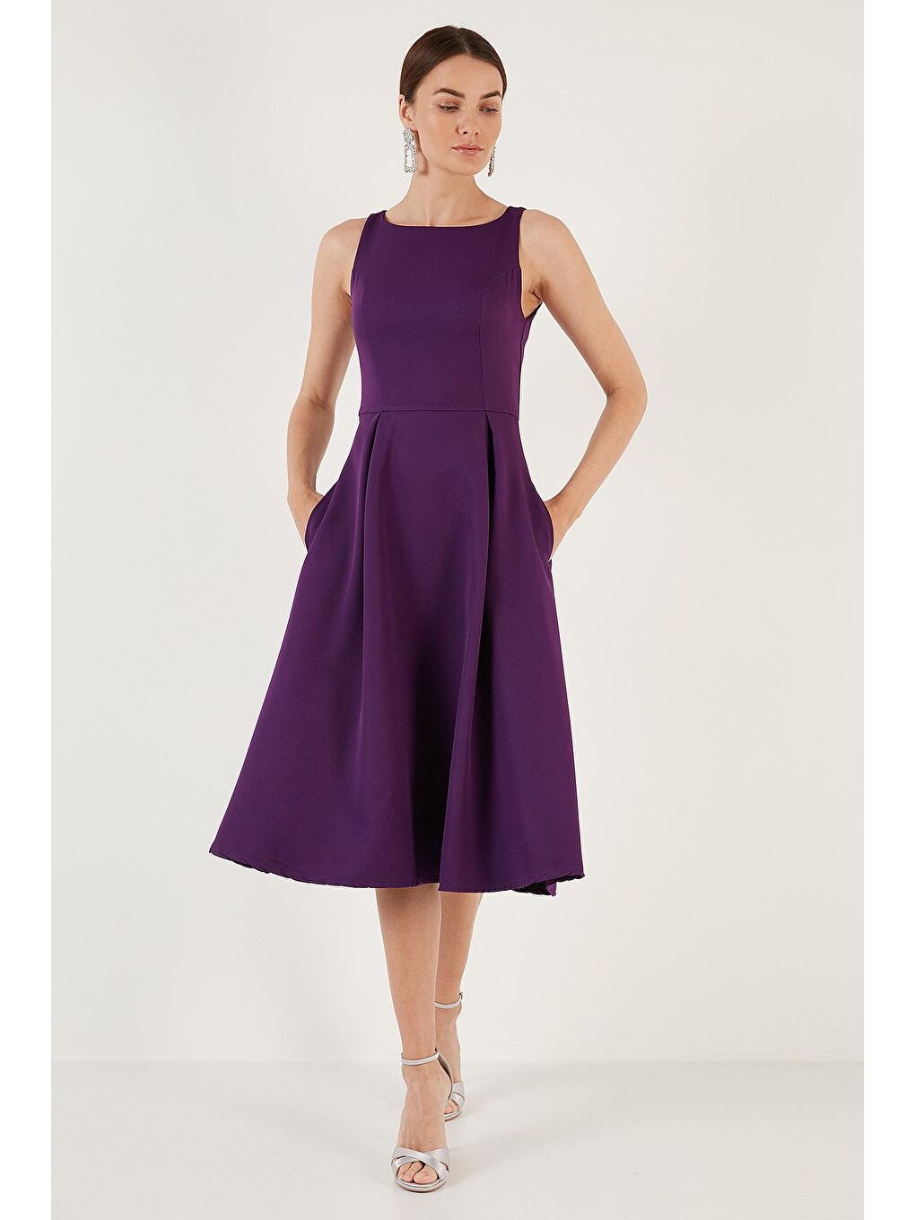 Mor Bisiklet Yaka Cepli Pileli Midi Kadın Elbise 6051963-3