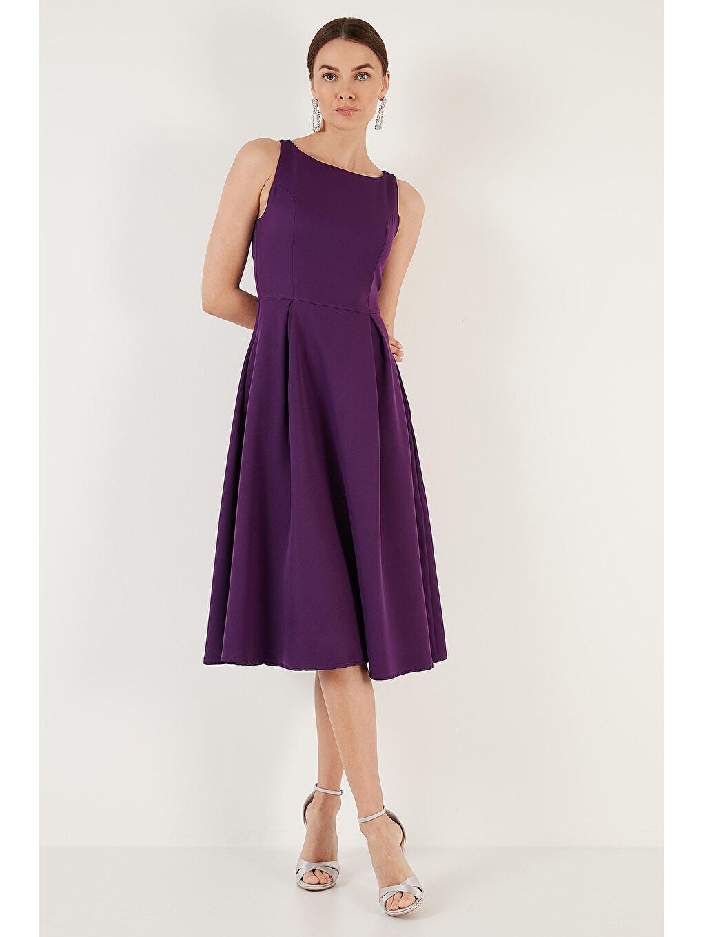 Mor Bisiklet Yaka Cepli Pileli Midi Kadın Elbise 6051963-5