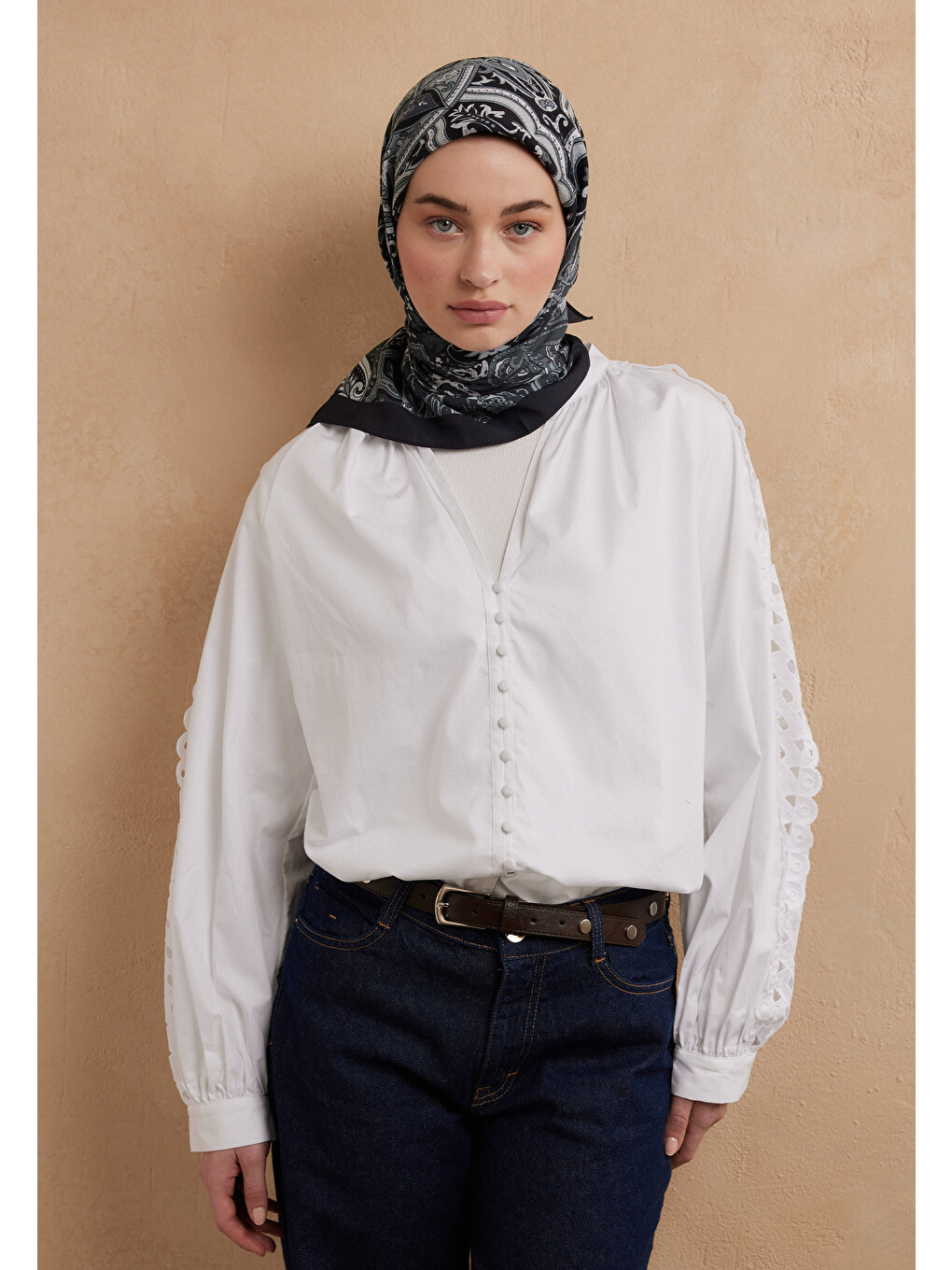 Etnıc Floral Desen Pamuk İpek Eşarp Antik Mavi-2