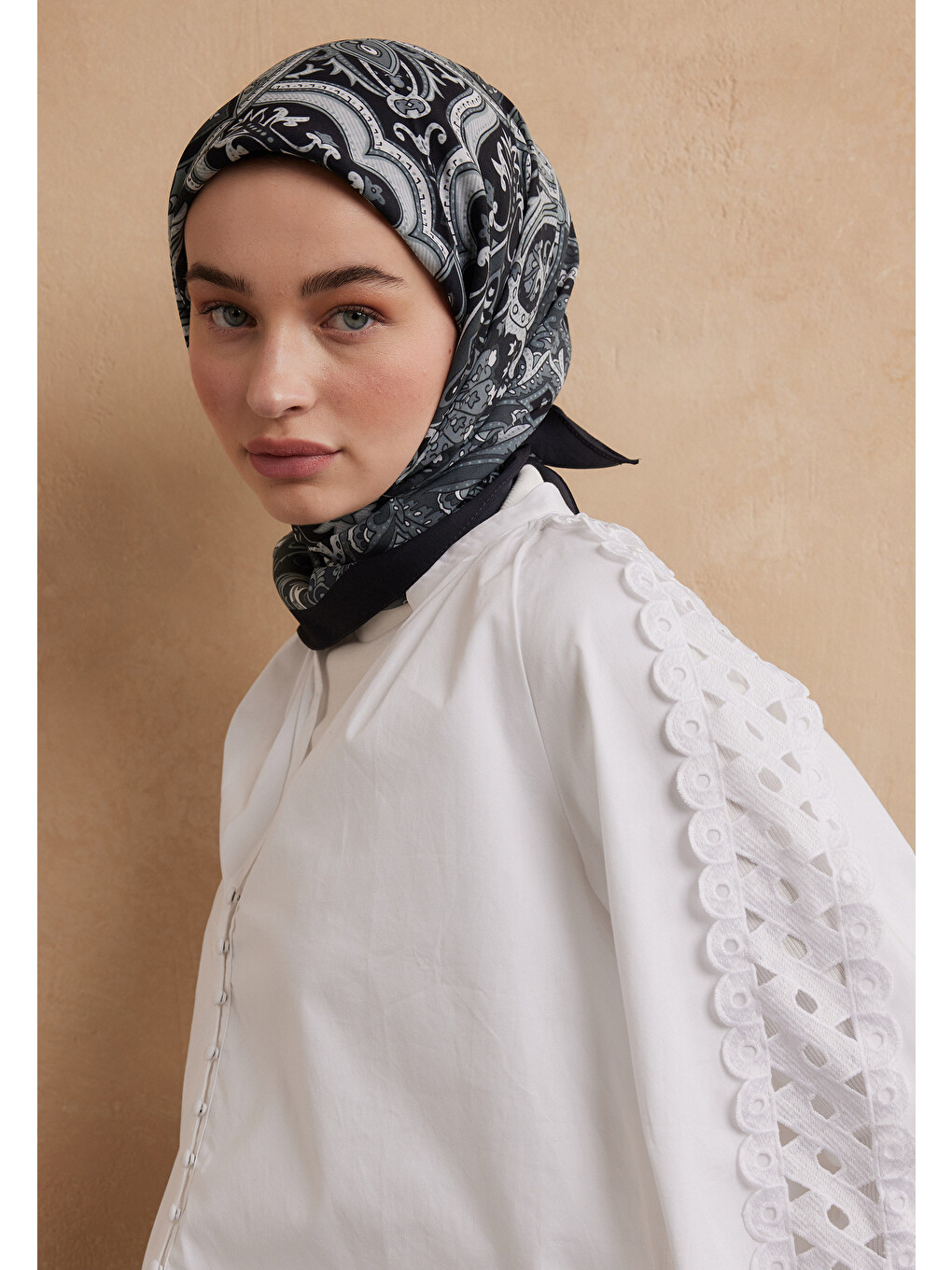 Etnıc Floral Desen Pamuk İpek Eşarp Antik Mavi-3