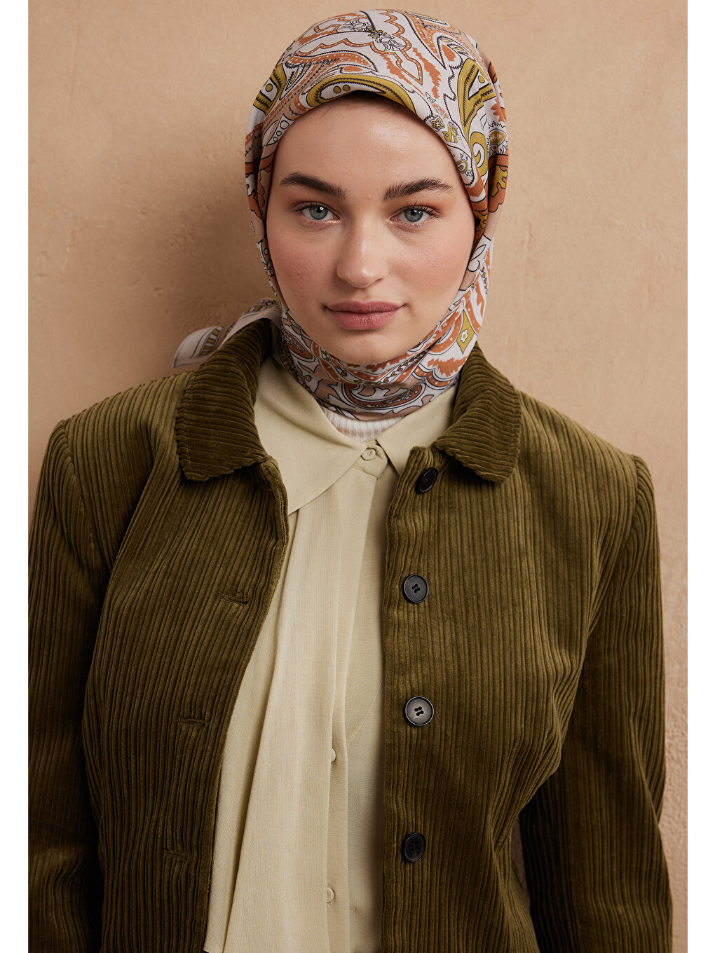 Pembe Lena Desen Pamuk İpek Eşarp Somon-3