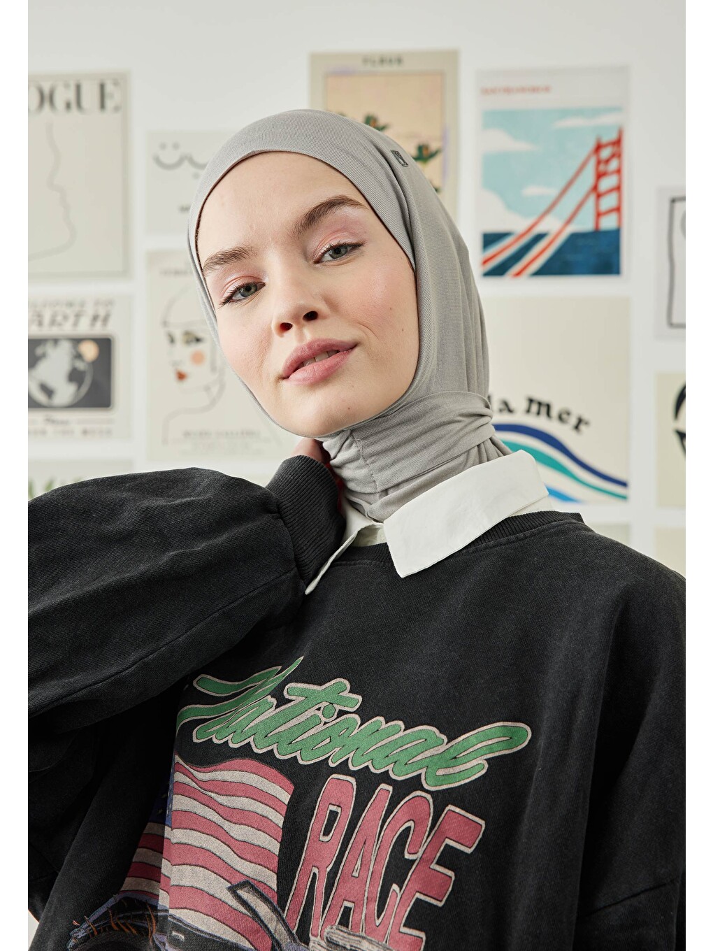 Gri Athletic Hijab Gümüş