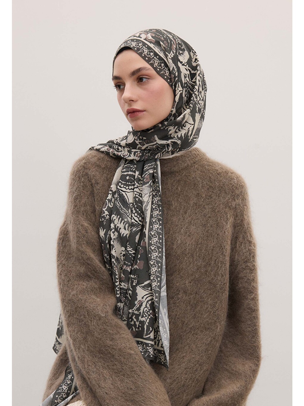 Gri Floral Paısley Desen Şal Duman-3