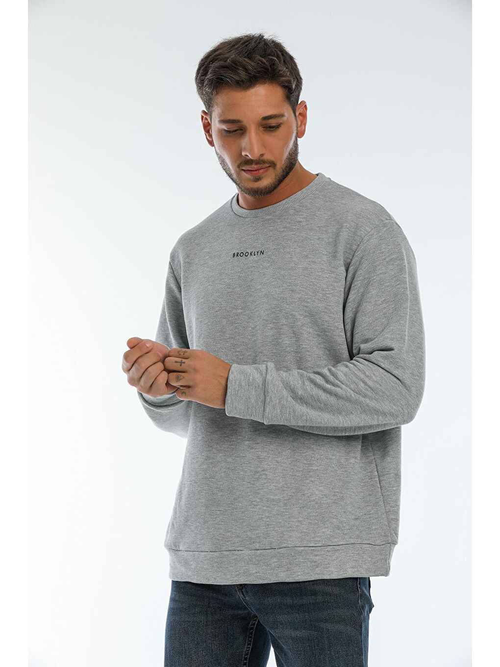 Gri Erkek Bisiklet Yaka Regular Fit Brooklyn Baskılı İnce Sweatshirt SPR22SW132-2