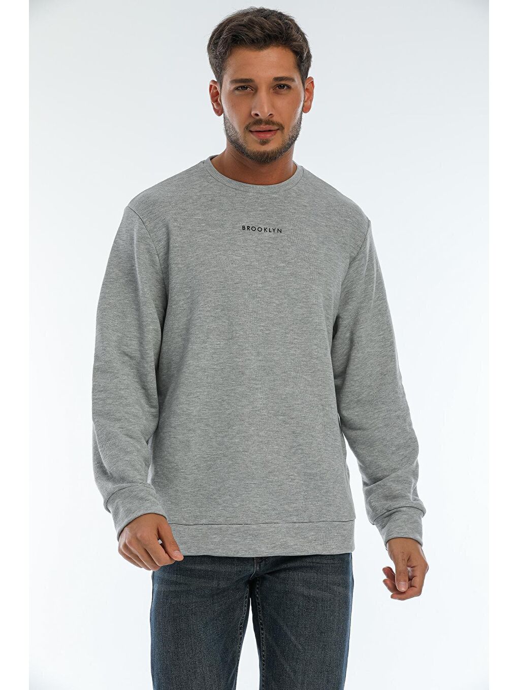 Gri Erkek Bisiklet Yaka Regular Fit Brooklyn Baskılı İnce Sweatshirt SPR22SW132-4
