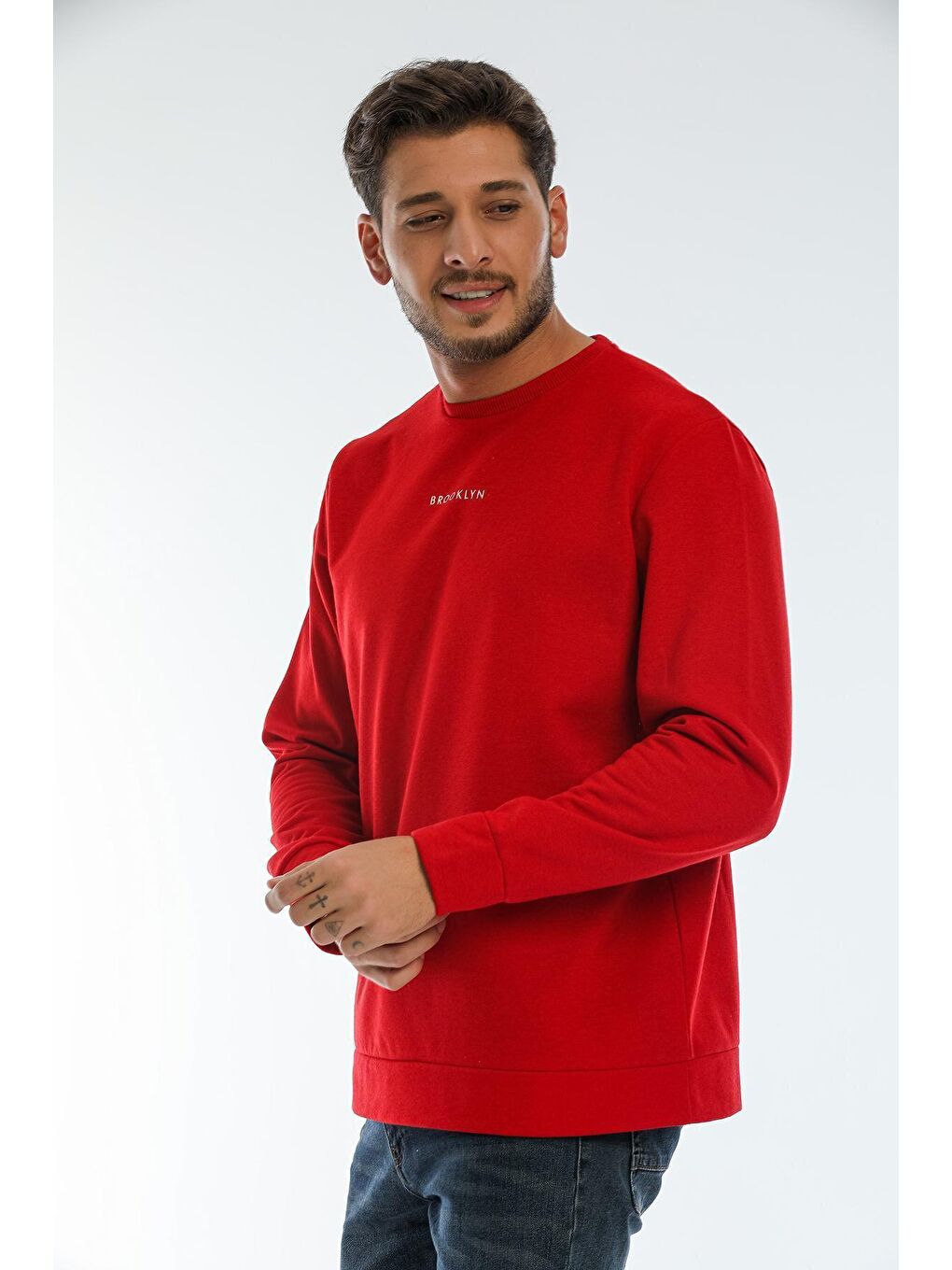 Kırmızı Erkek Bisiklet Yaka Regular Fit Brooklyn Baskılı İnce Sweatshirt SPR22SW132-1