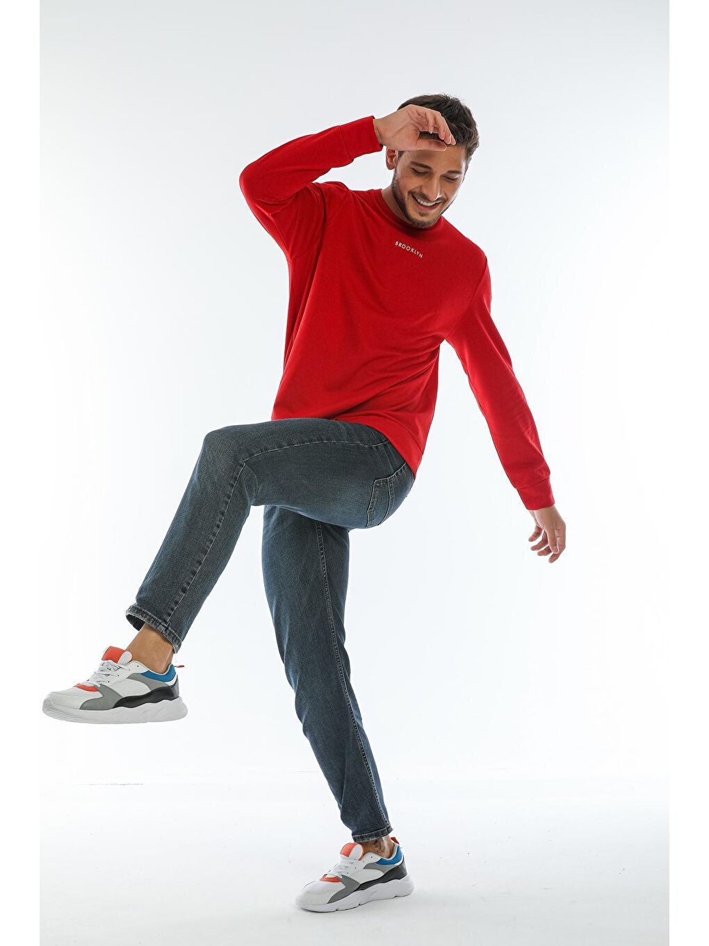 Kırmızı Erkek Bisiklet Yaka Regular Fit Brooklyn Baskılı İnce Sweatshirt SPR22SW132-2