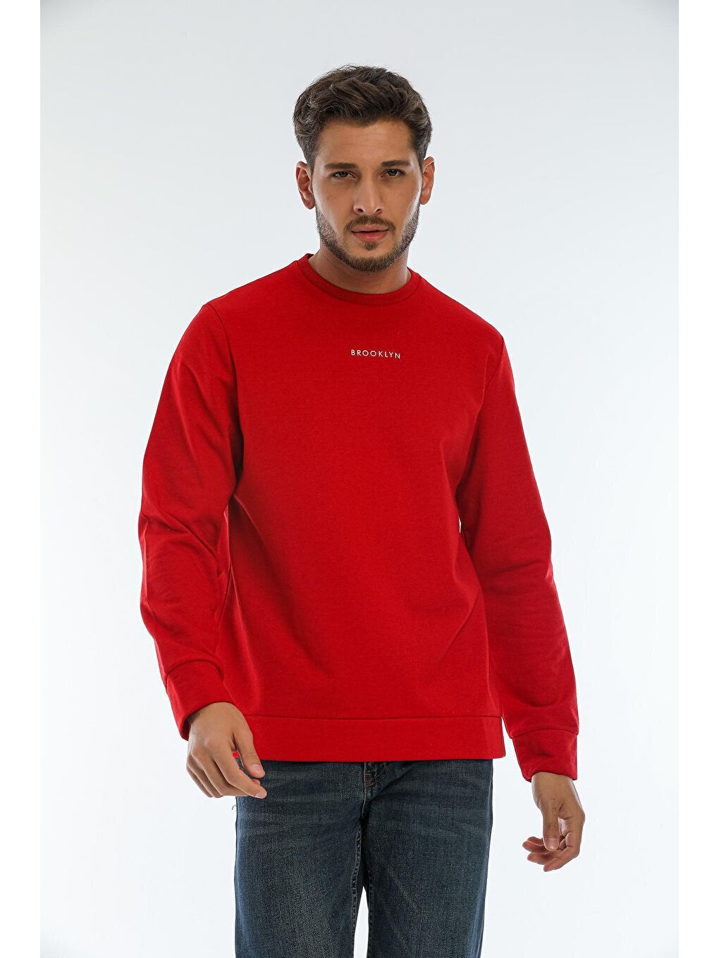 Kırmızı Erkek Bisiklet Yaka Regular Fit Brooklyn Baskılı İnce Sweatshirt SPR22SW132-3