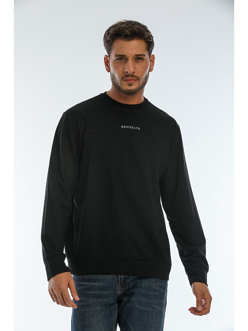 Siyah Erkek Bisiklet Yaka Regular Fit Brooklyn Baskılı İnce Sweatshirt SPR22SW132-2