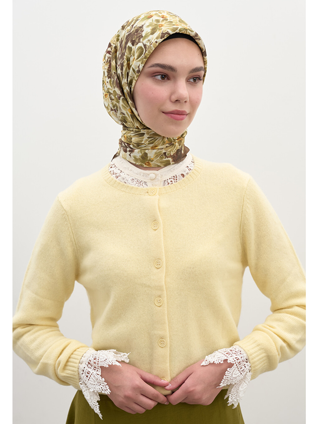 Kahverengi Cherry Blossom Desen Pamuk Viskon Eşarp Kahve-5