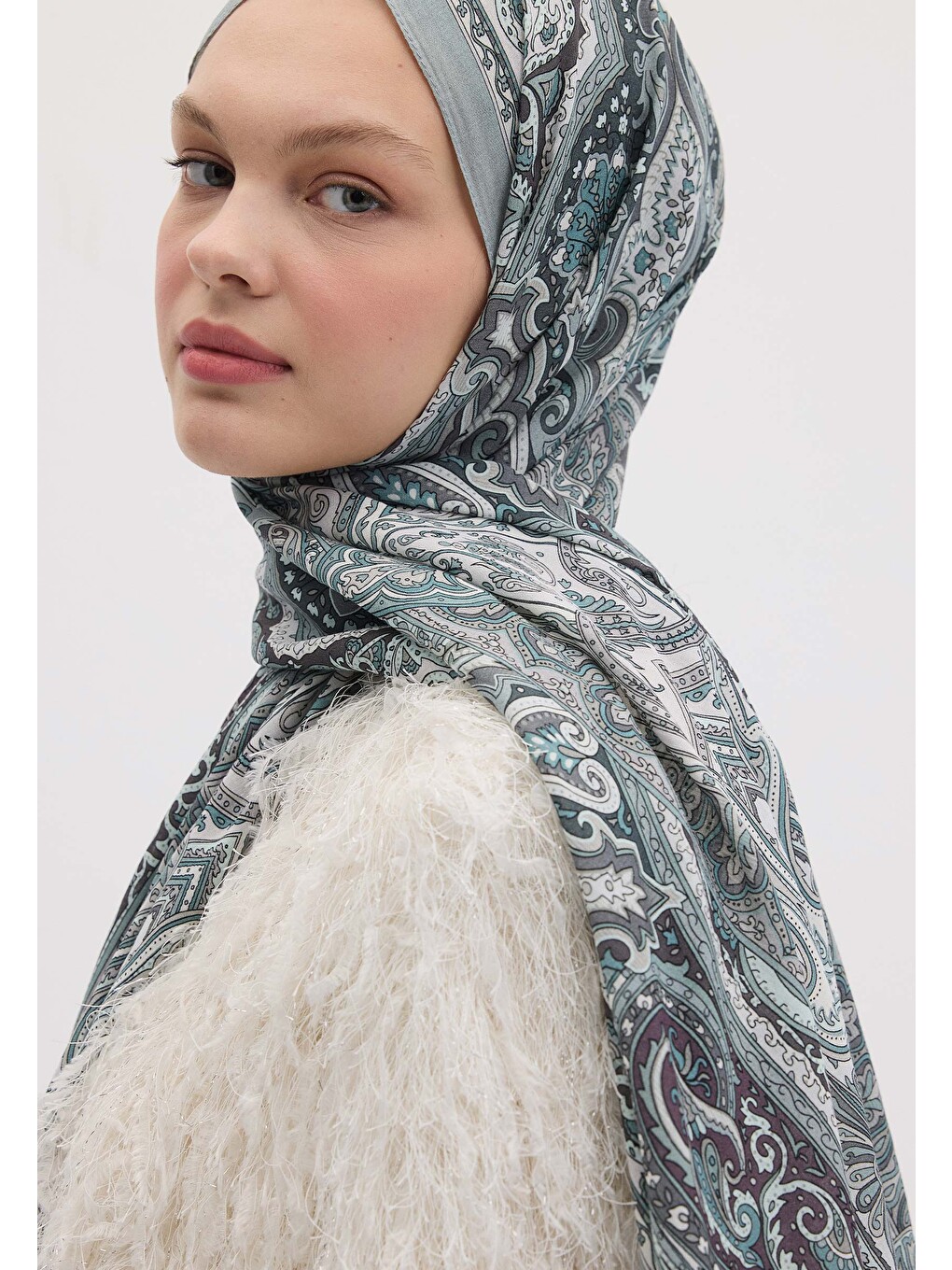 Gri Etnıc Floral Desen Şal Gümüş-8