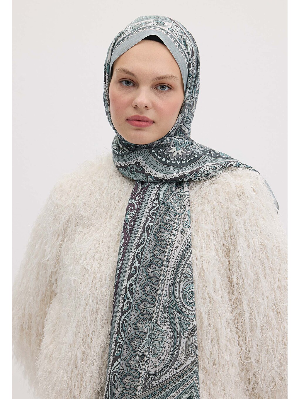 Gri Etnıc Floral Desen Şal Gümüş-3