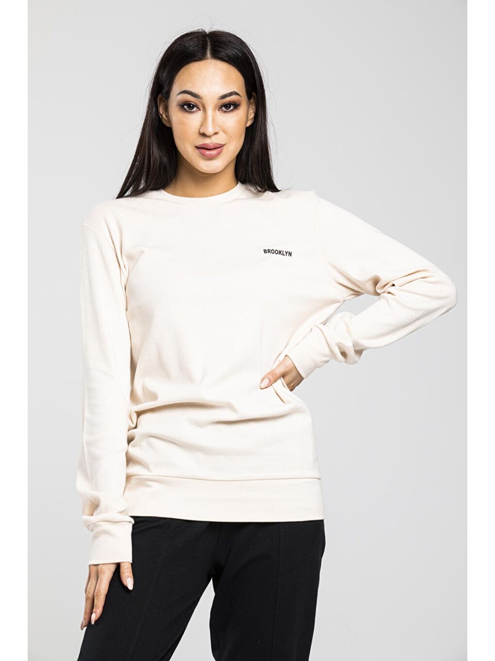 Süperlife Ekru Bisiklet Yaka Uzun Kollu Dar Kalıp İnce Sweatshirt SPR21K18