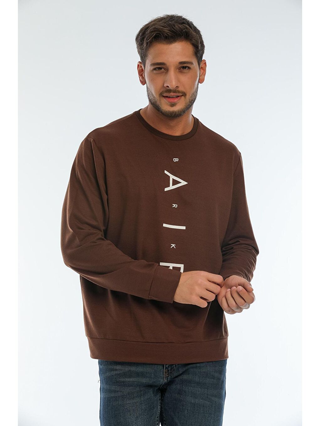 Kahverengi Erkek Bisiklet Yaka Regular Fit Air Baskılı İnce Sweatshirt SPR22SW131-3