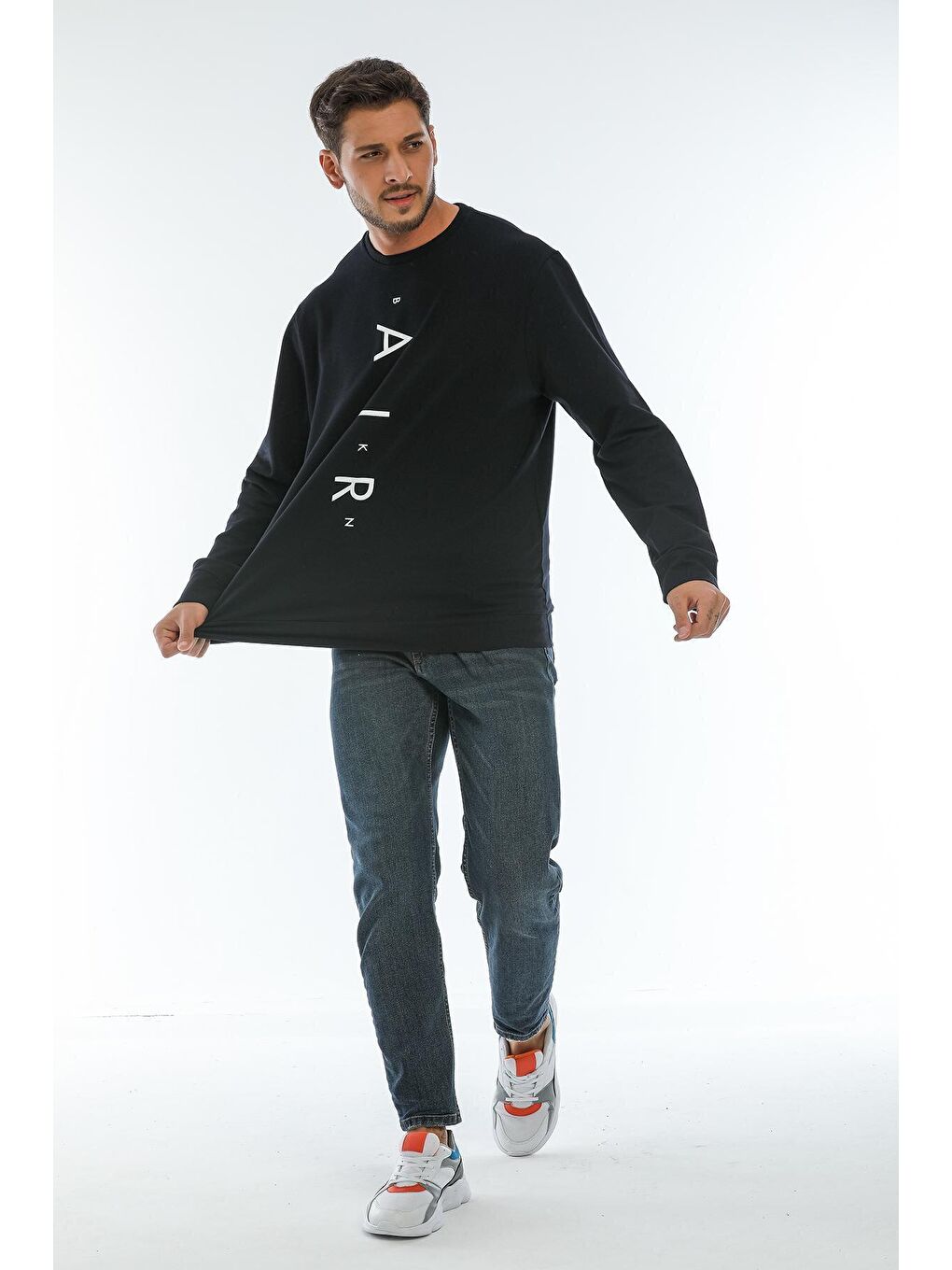 Lacivert Erkek Bisiklet Yaka Regular Fit Air Baskılı İnce Sweatshirt SPR22SW131-1