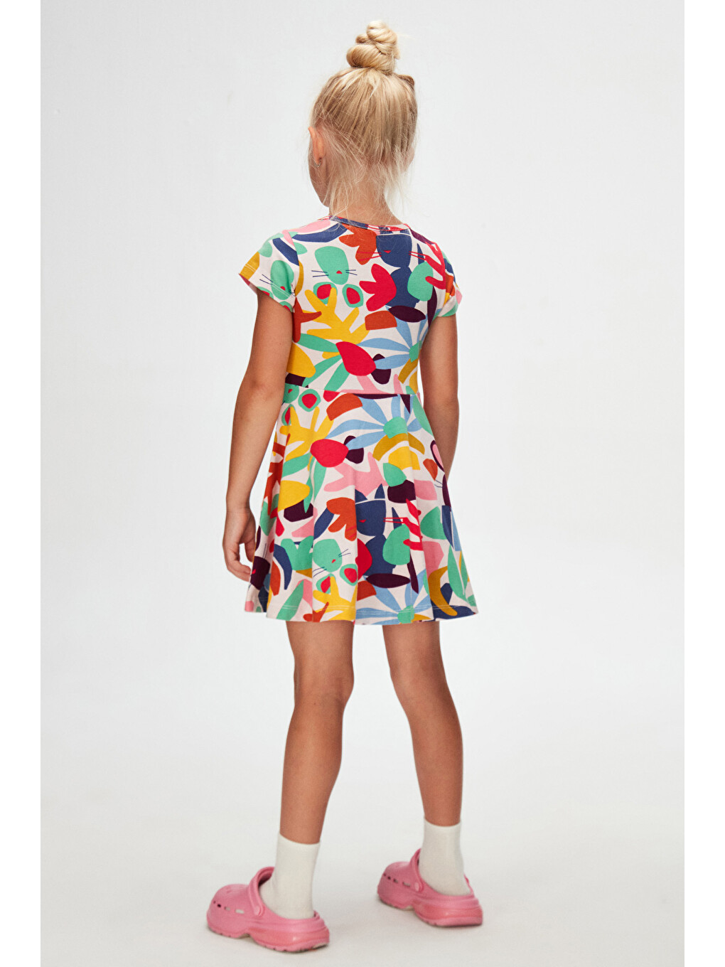 Karışık Kız Çocuk Cutouts Foliage Desen Kısa Kol Kloşe Etek Elbise-3