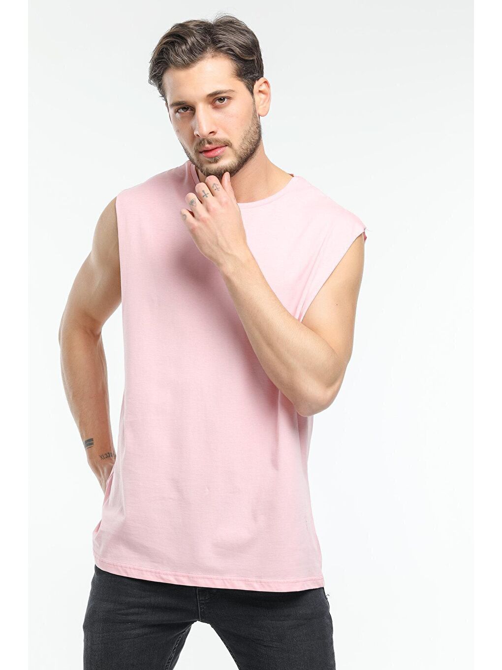 Süperlife Pembe Erkek Bisiklet Yaka Oversize Fit Tişort SPR21Y03 - 1